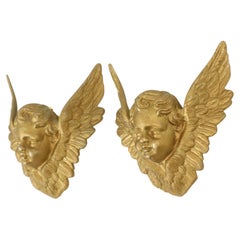 Pair of Metal Gold Plated Angel Heads with Wings Wall Decoration