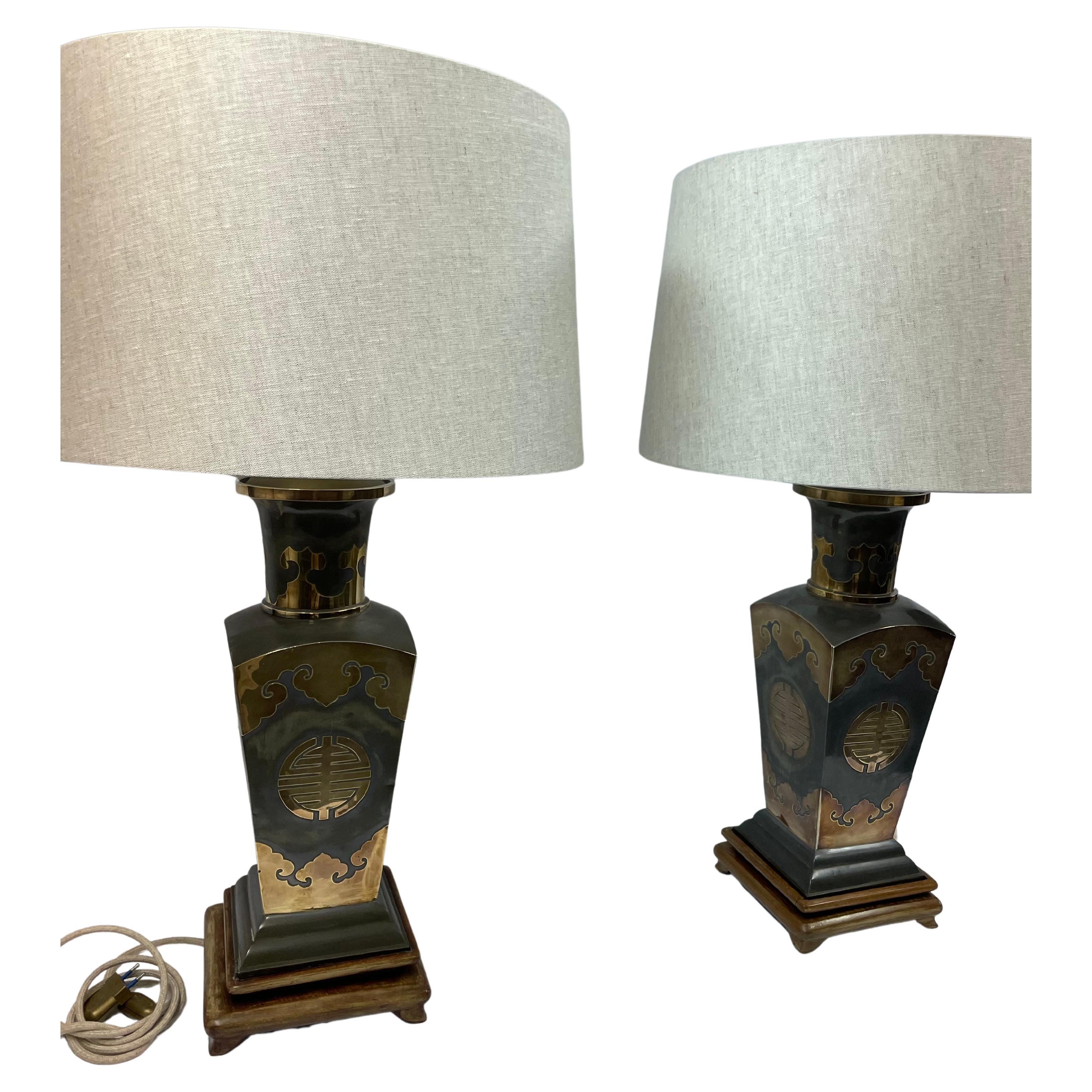 Pair of Metal Lamps with Brass Applications on Wooden Bases, 50`s For Sale