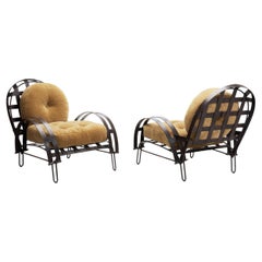 Pair of Metal Lattice Lounge Chairs With Upholstered Pillows, France 1960s