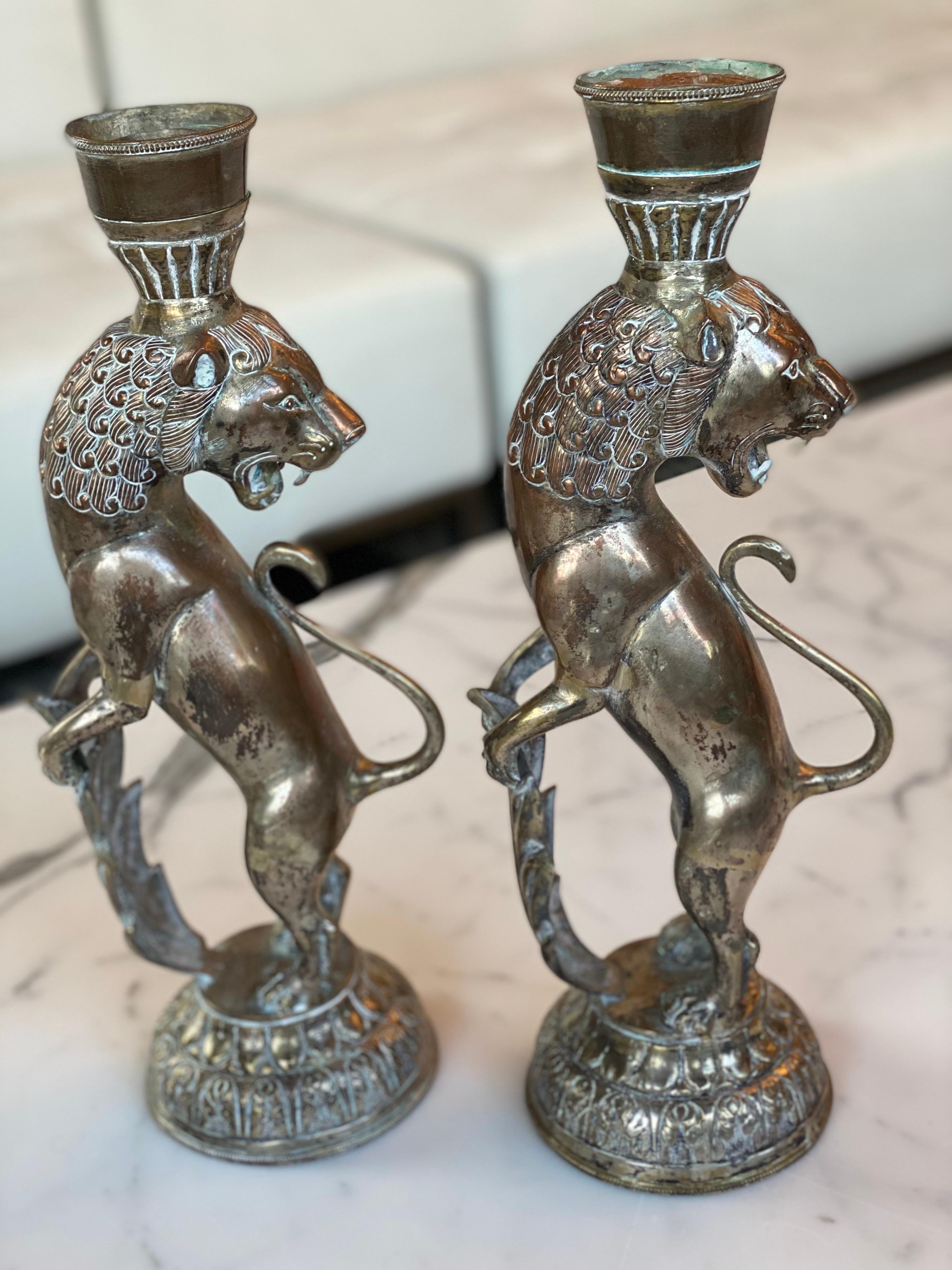 Pair of Metal Lion Candlesticks In Good Condition In Bridgehampton, NY