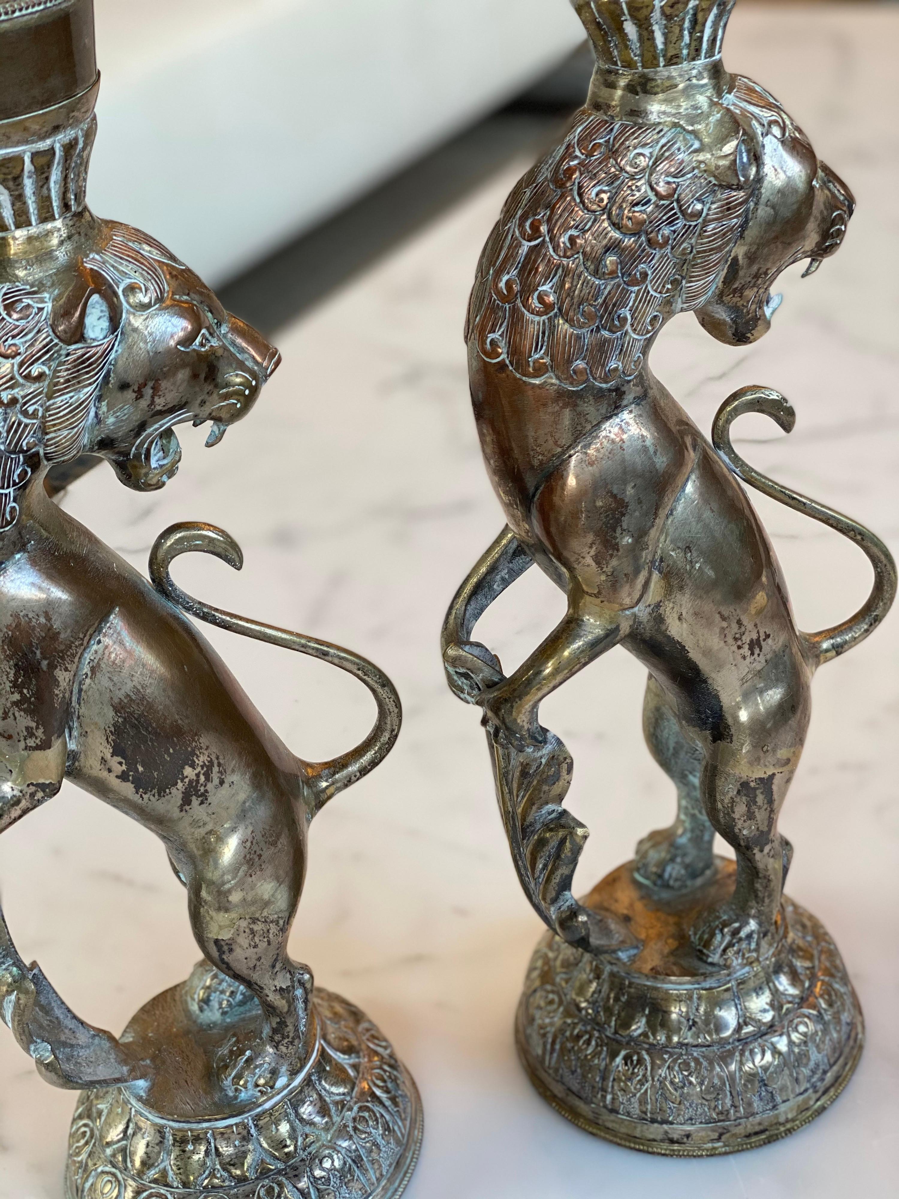 Pair of Metal Lion Candlesticks 1