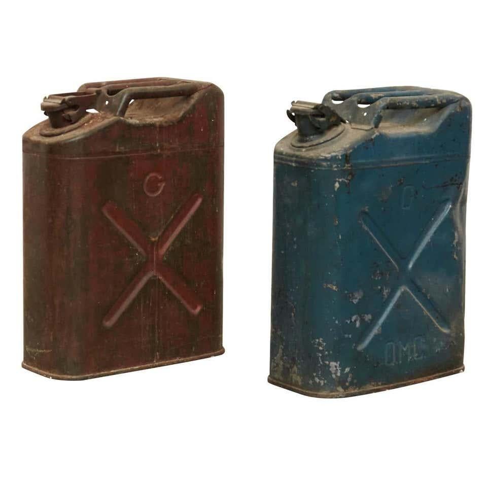 Pair of Metal Military Red and Blue Gasoline Tanks, circa 1950 For Sale 9