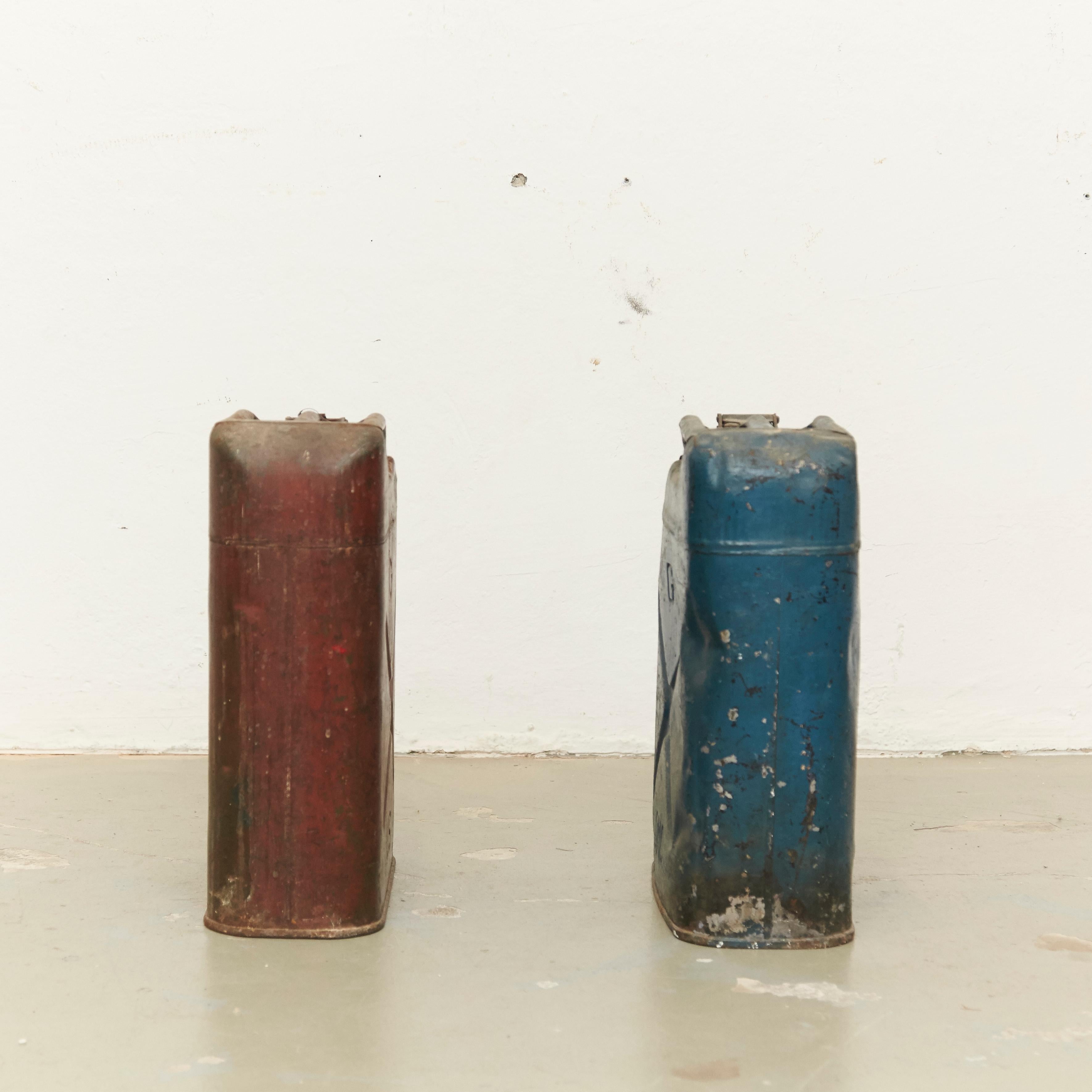 Mid-Century Modern Pair of Metal Military Red and Blue Gasoline Tanks, circa 1950
