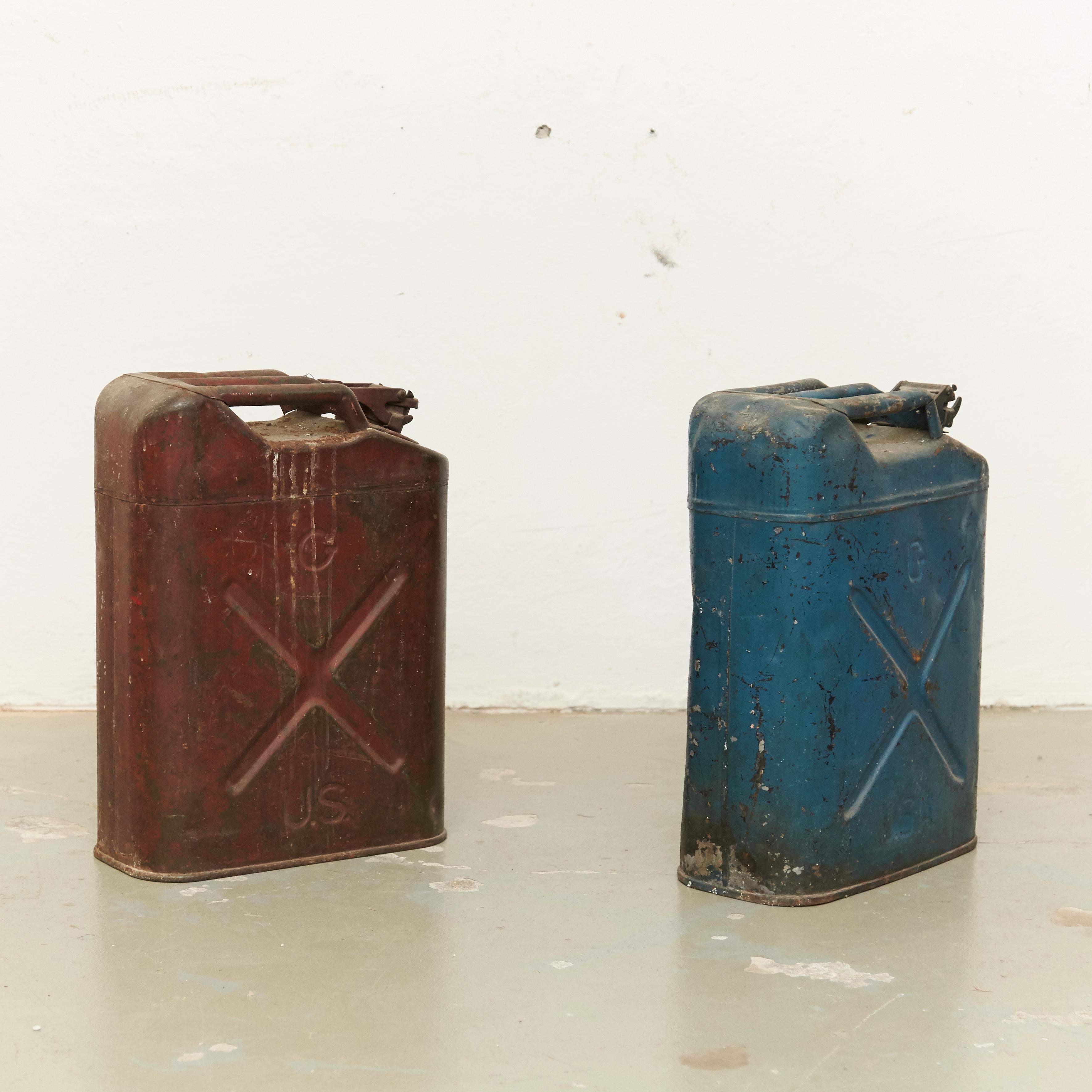 French Pair of Metal Military Red and Blue Gasoline Tanks, circa 1950