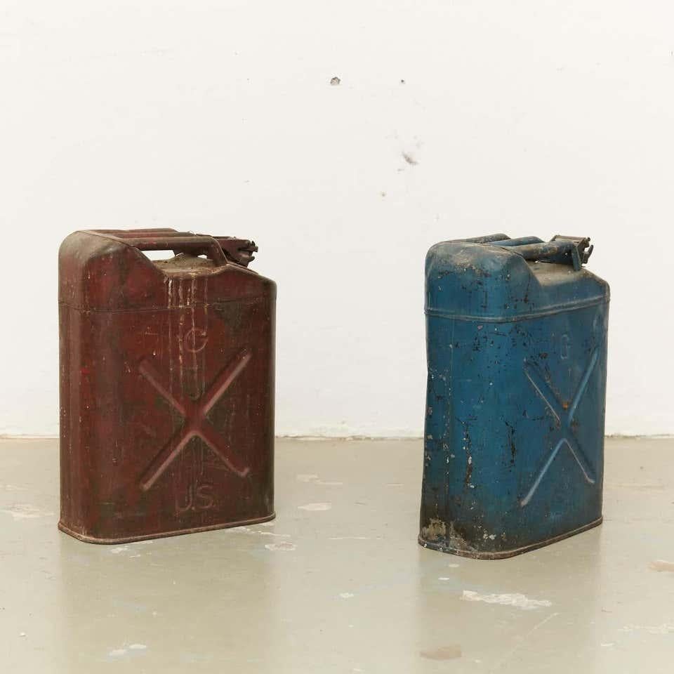 French Pair of Metal Military Red and Blue Gasoline Tanks, circa 1950 For Sale