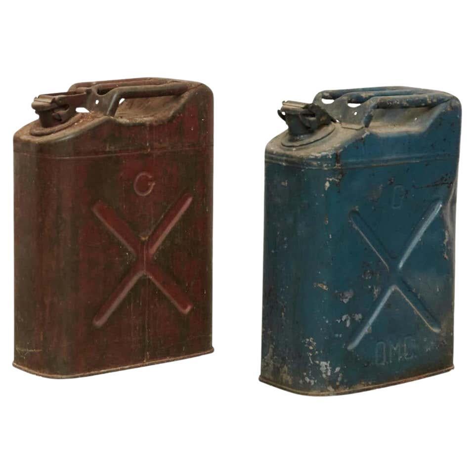 Pair of Metal Military Red and Blue Gasoline Tanks, circa 1950