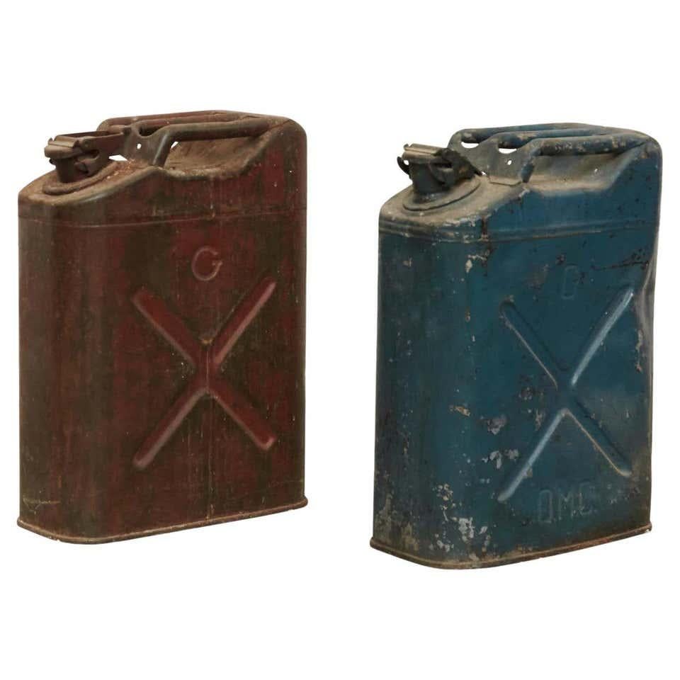 Pair of Metal Military Red and Blue Gasoline Tanks, circa 1950 For Sale