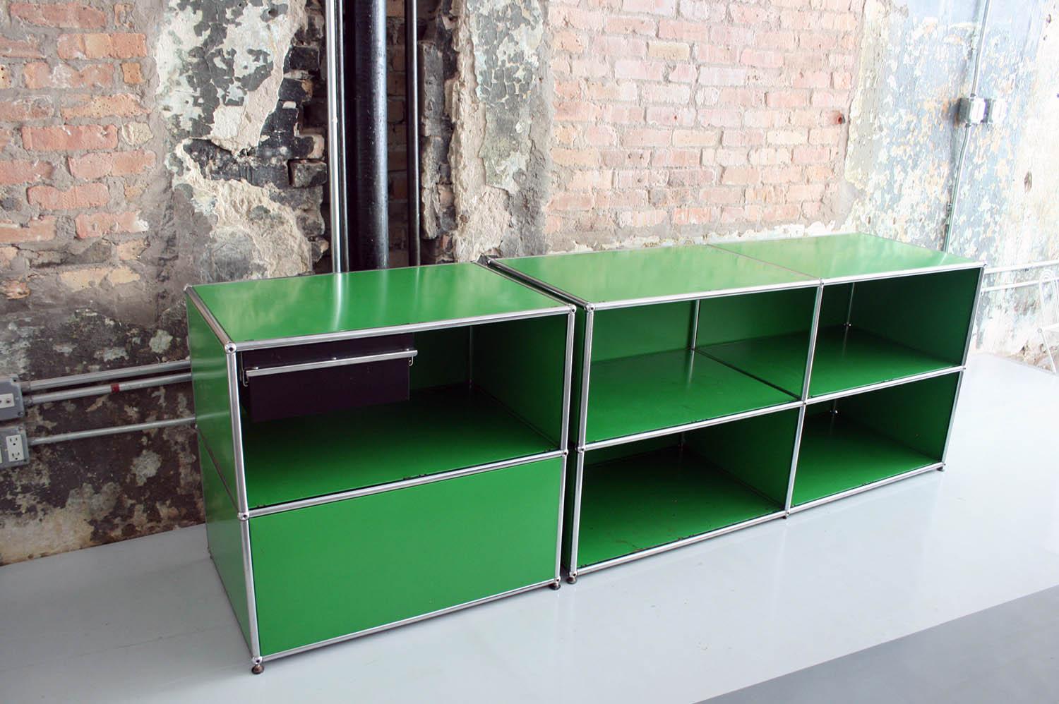 Mid-Century Modern Pair of Metal Modular Cabinets by USM Haller in Green by Fritz Haller