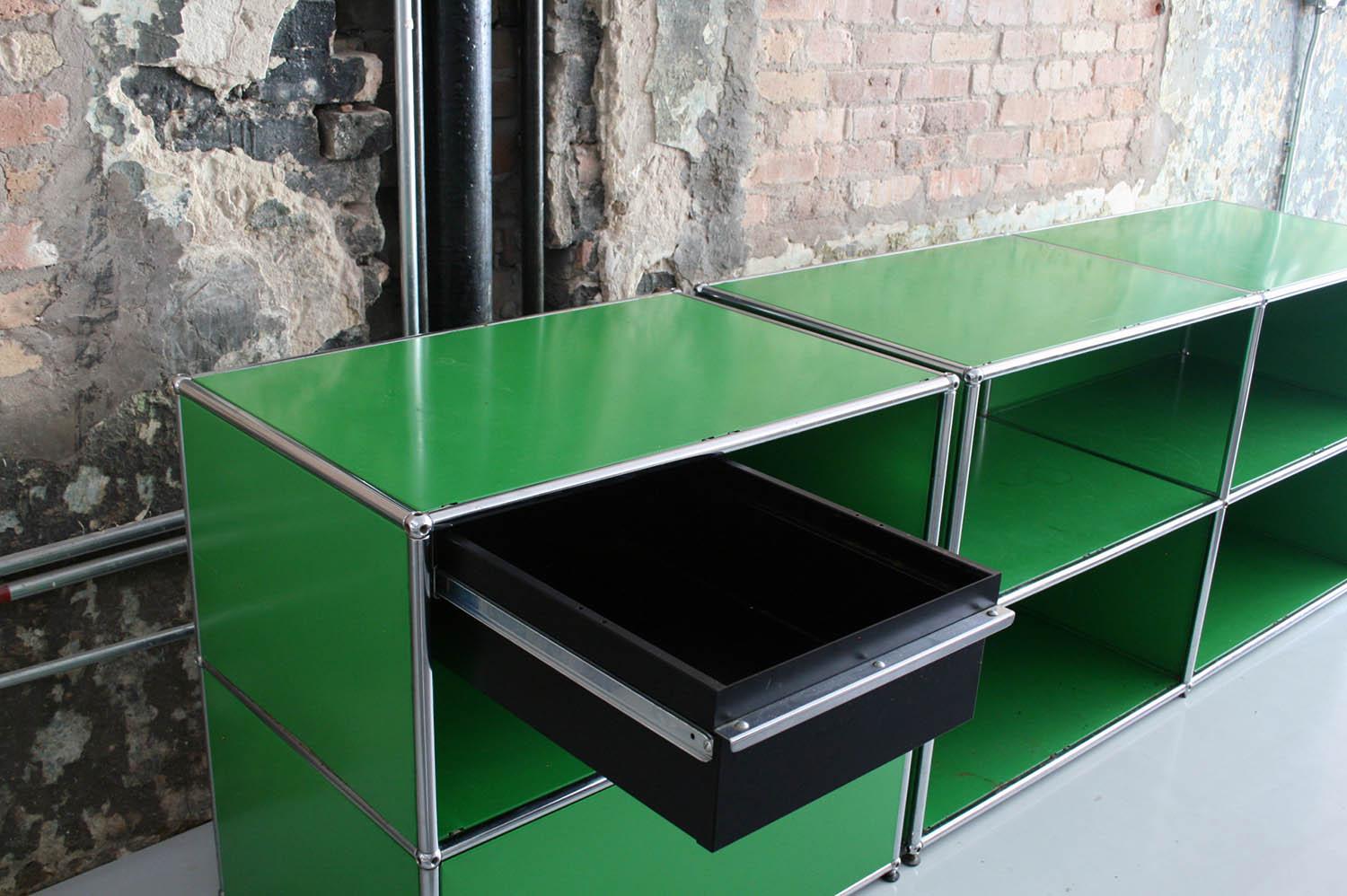 Powder-Coated Pair of Metal Modular Cabinets by USM Haller in Green by Fritz Haller