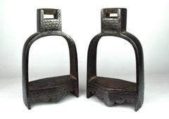 Pair of Metal Mughal Horse Stirrups with Silver Inlay, 19th Century