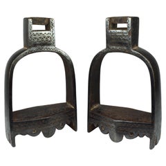 Antique Pair of Metal Mughal Horse Stirrups with Silver Inlay, 19th Century