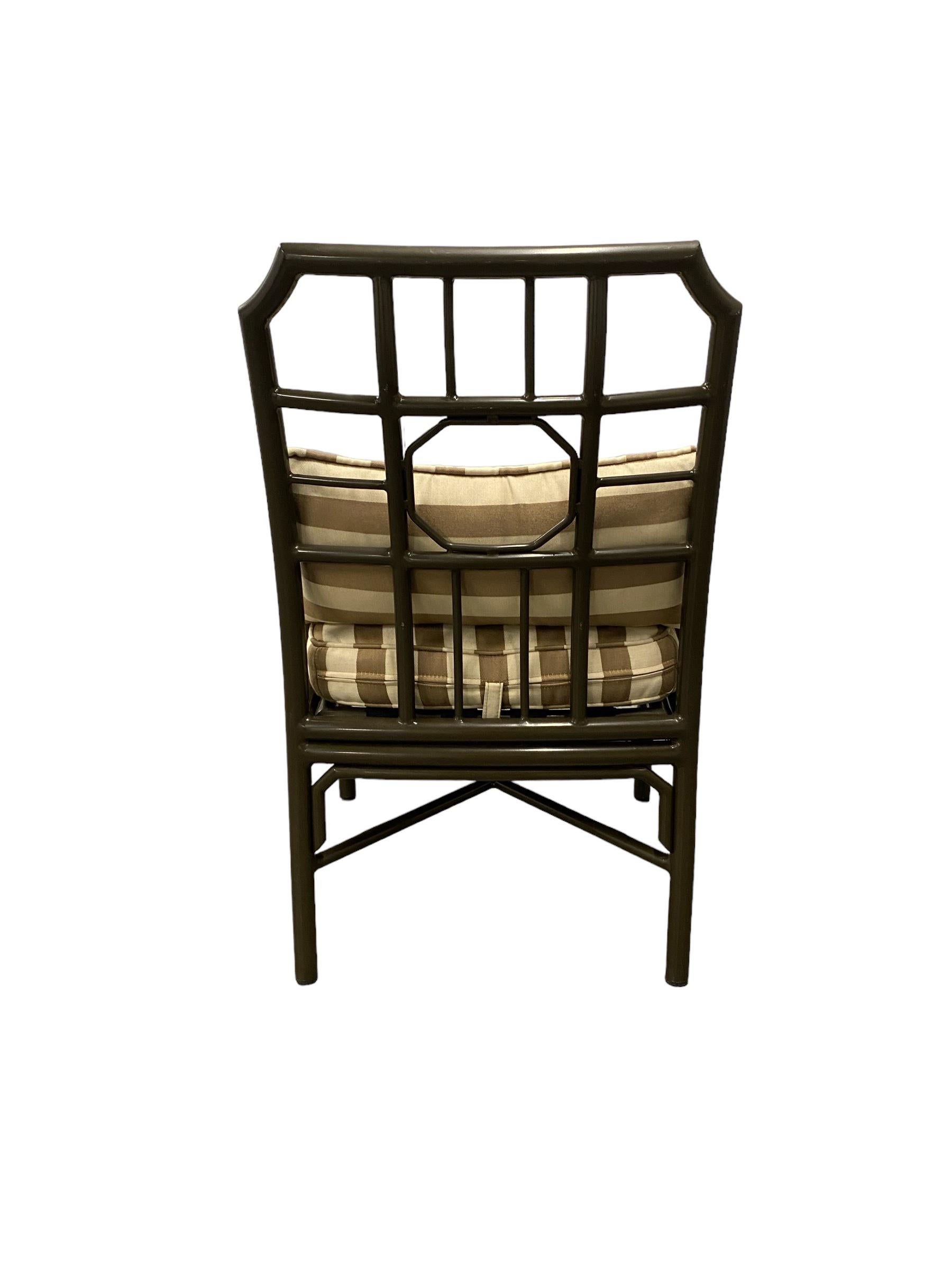 Chinese Chippendale Pair of Metal Outdoor Armchairs with Striped Fabric For Sale