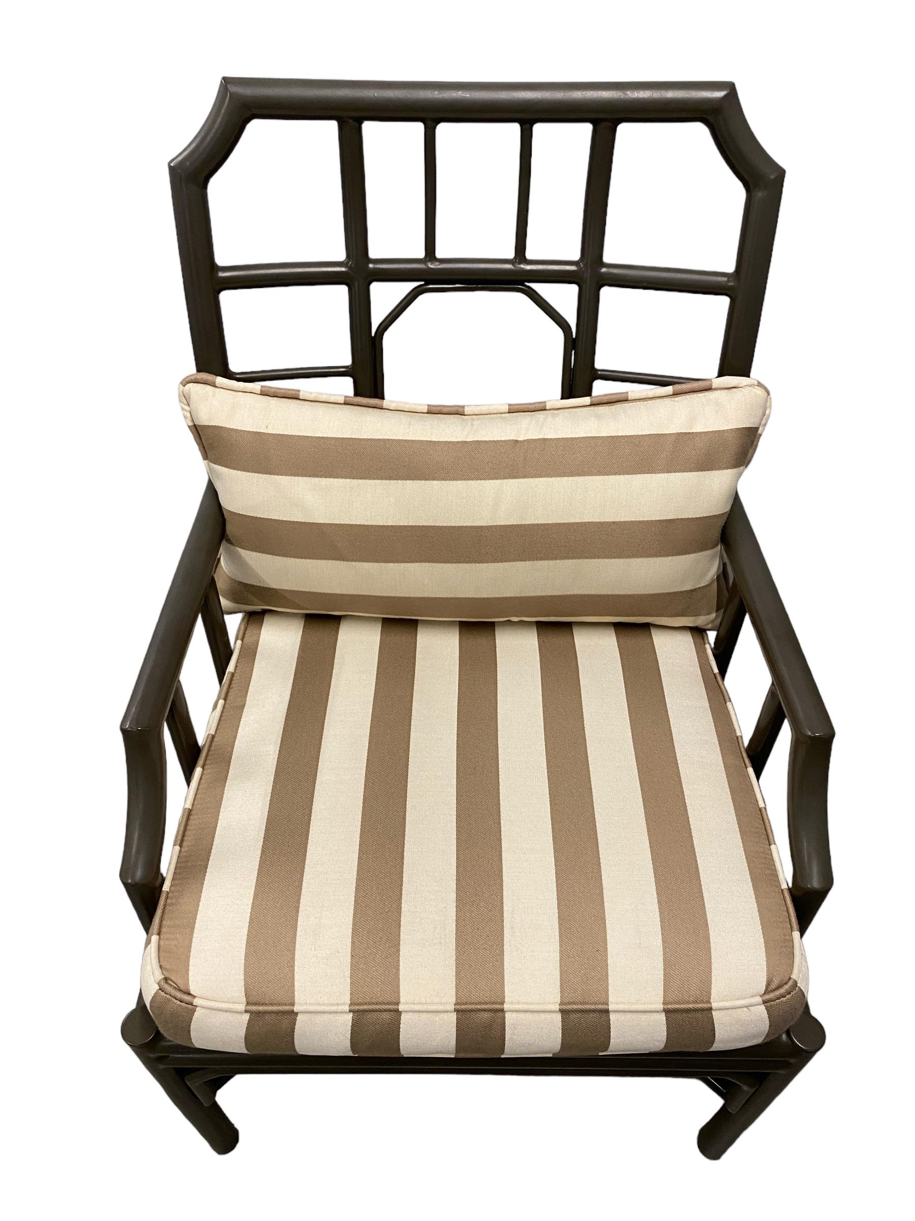 Pair of Metal Outdoor Armchairs with Striped Fabric In Good Condition For Sale In Scottsdale, AZ