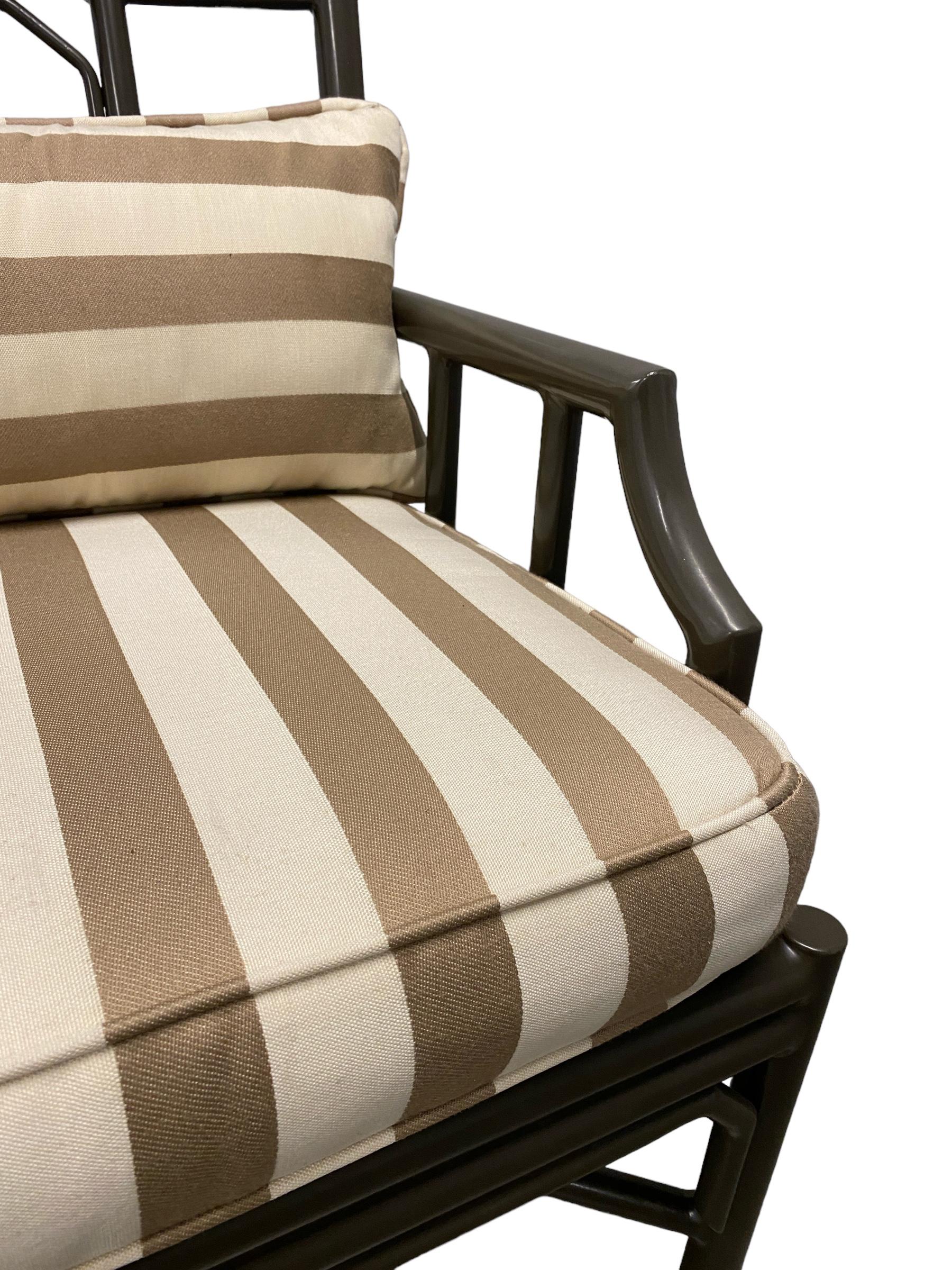 Contemporary Pair of Metal Outdoor Armchairs with Striped Fabric For Sale