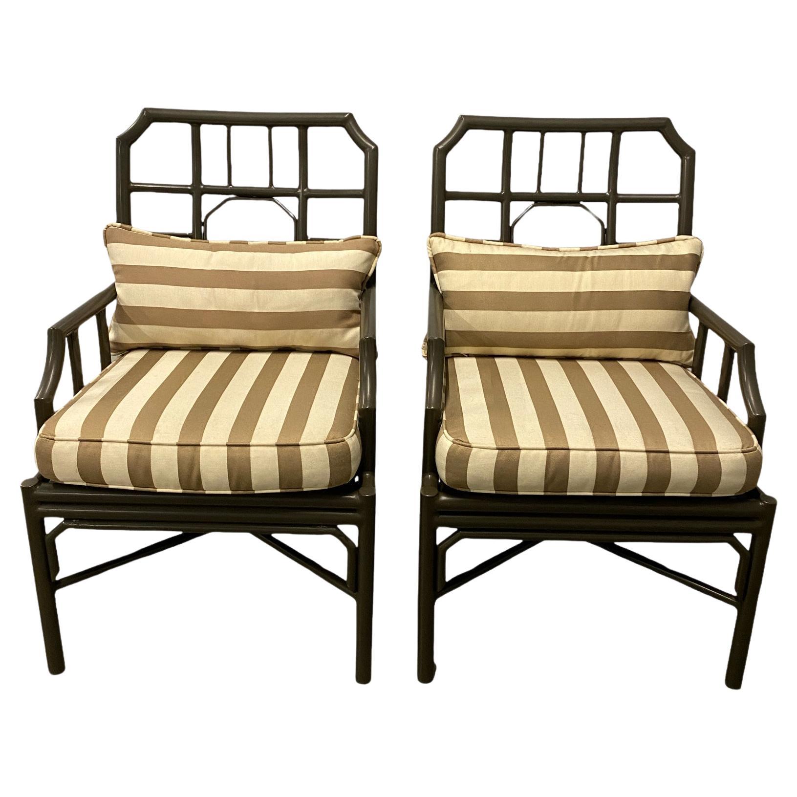 Pair of Metal Outdoor Armchairs with Striped Fabric For Sale