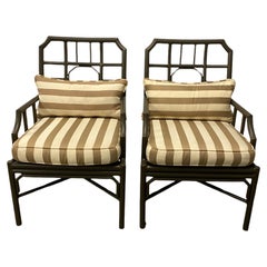 Antique Pair of Metal Outdoor Armchairs with Striped Fabric
