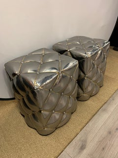Pair of Metal Poufs Tufted Ottomans Stools Silver and Gold