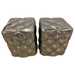 Pair of Metal Poufs Tufted Ottomans Stools Silver and Gold