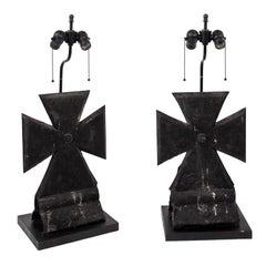 Pair of metal roof top finials made into lamps England c 1900