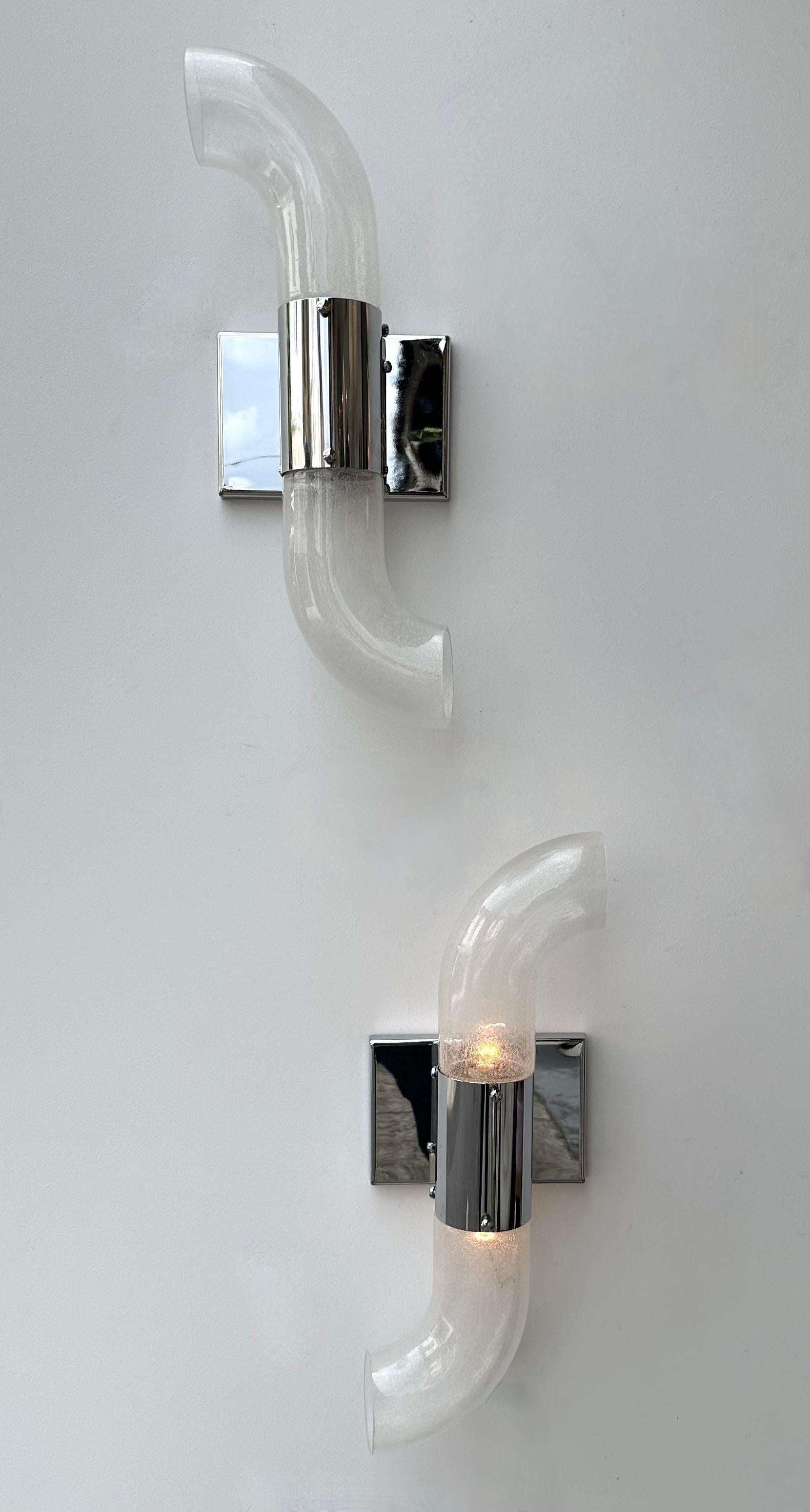Rare Pair set of 2 Mid-Century Modern Space Age metal chrome version of wall lights lamps lightning sconces by Aldo Nason for the manufacture Mazzega. Blown bubble Murano glass. Famous manufacture like Venini, Vistosi, La Murrina, Seguso, Carlo