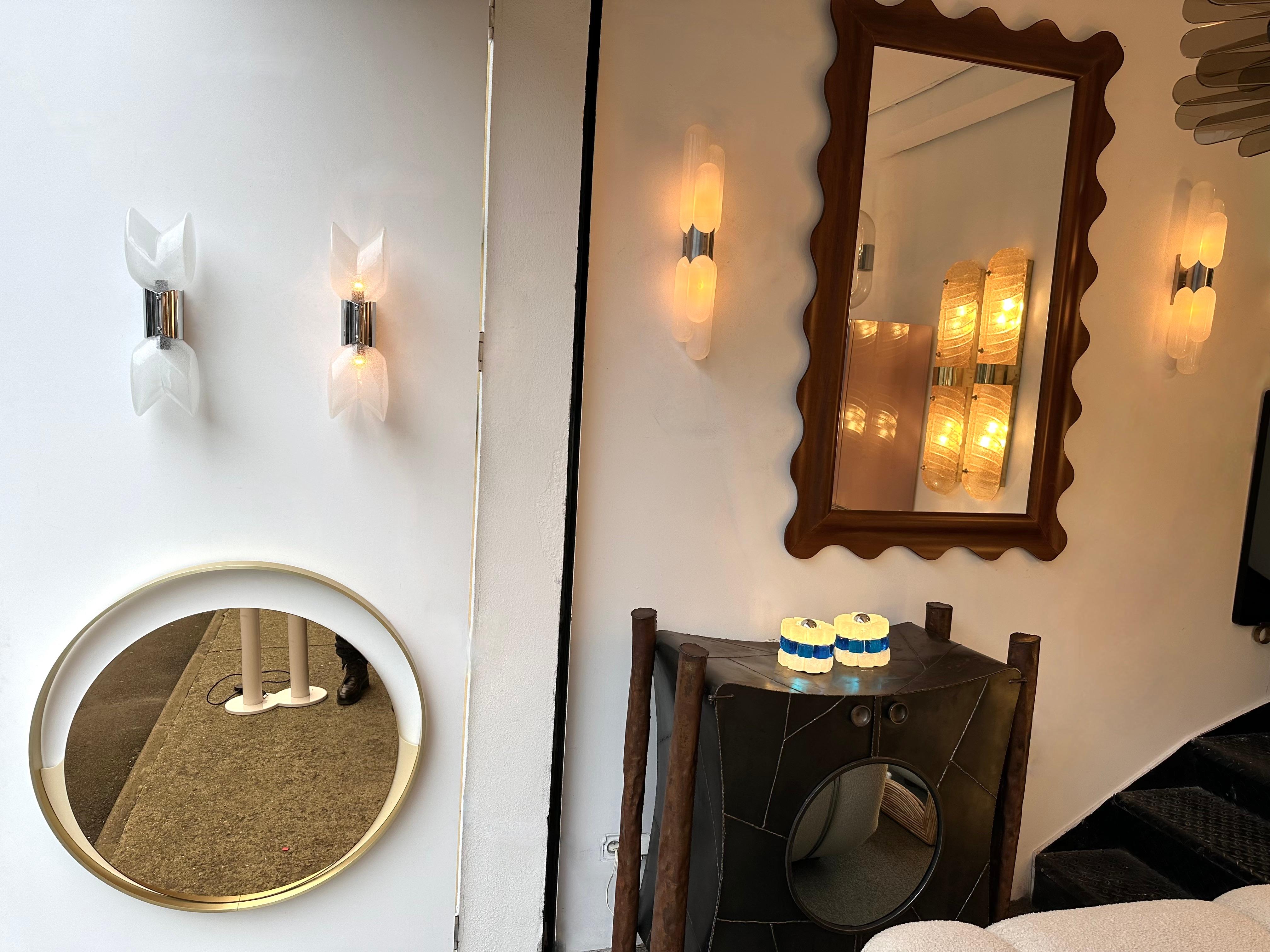 Pair set of 2 Mid-Century Modern Space Age metal chrome of wall lights lamps lightning sconces by Aldo Nason for the manufacture Mazzega. Blown bubble Murano glass. Famous manufacture like Venini, Vistosi, La Murrina, Seguso, Carlo Nason, Poliarte,