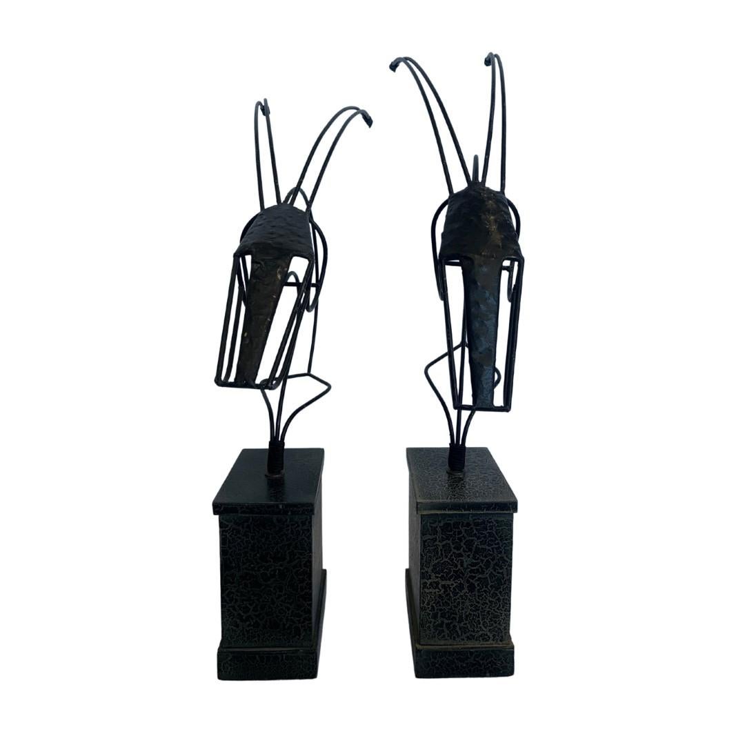 Late 20th Century Pair of Metal Sculptural Gazelles on Pedestals For Sale