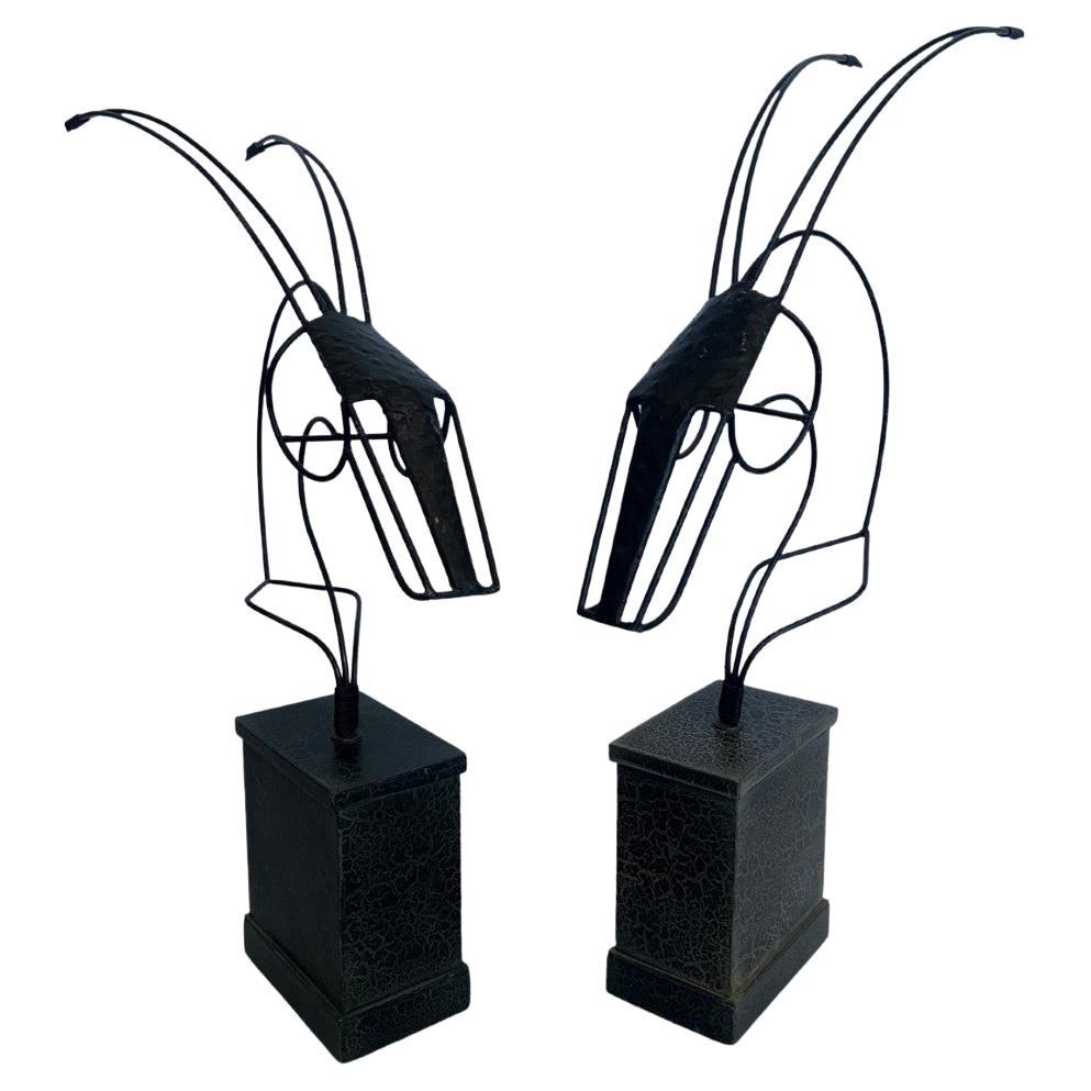 Pair of Metal Sculptural Gazelles on Pedestals For Sale