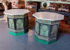 Pair of Metal Side Tables with Flower Decoration and Marble Tops