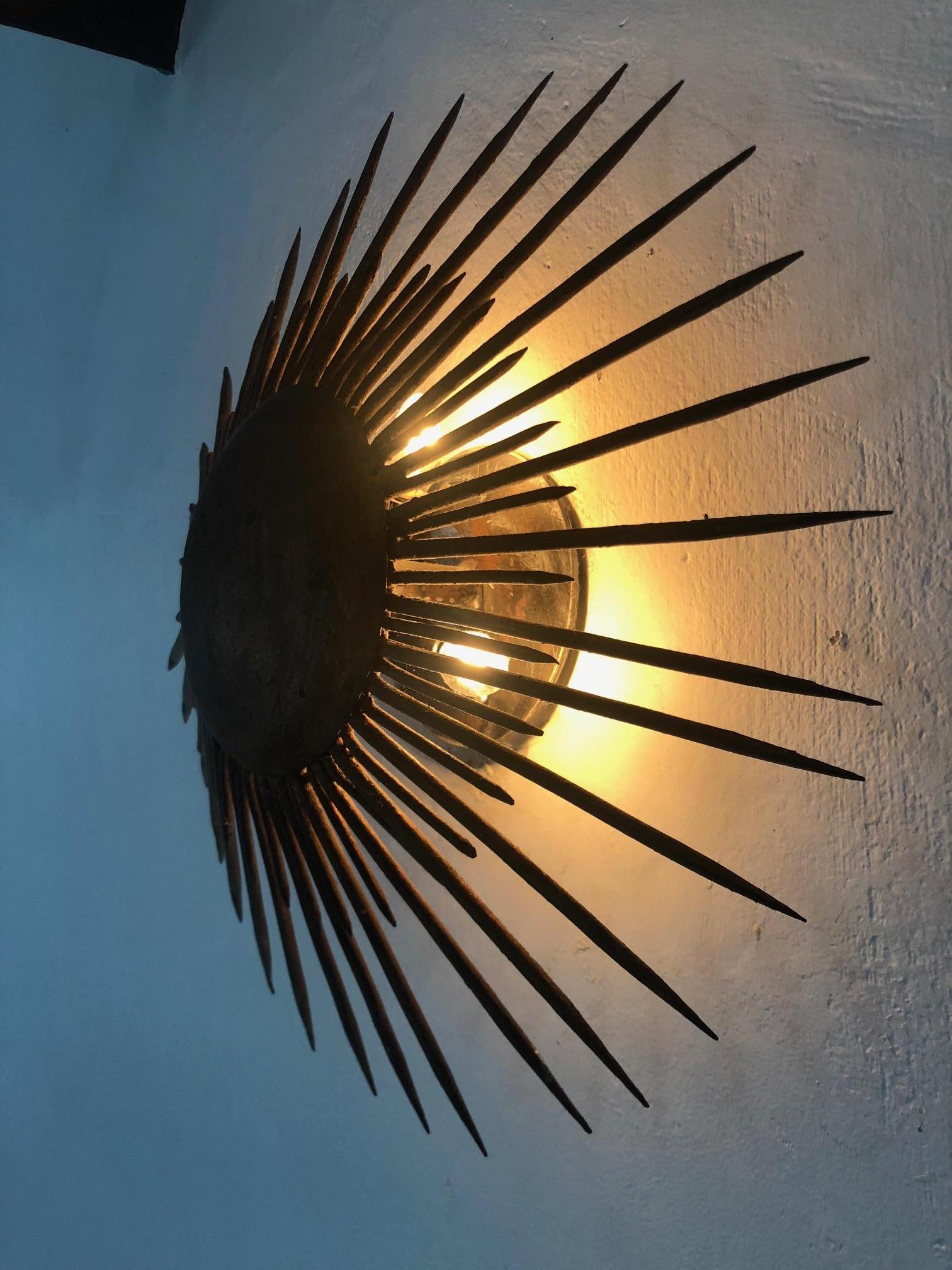 American Pair of Metal Sunburst Wall Sconces For Sale
