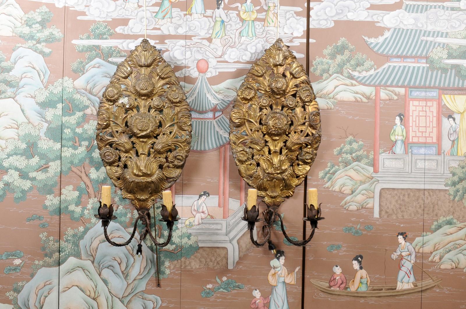 Pair of Gilt Metal sunflower sconces with 2-lights.