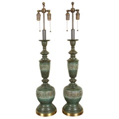 Pair of Metal Table Lamps with a Verdigris Bronze Finish by Marbro