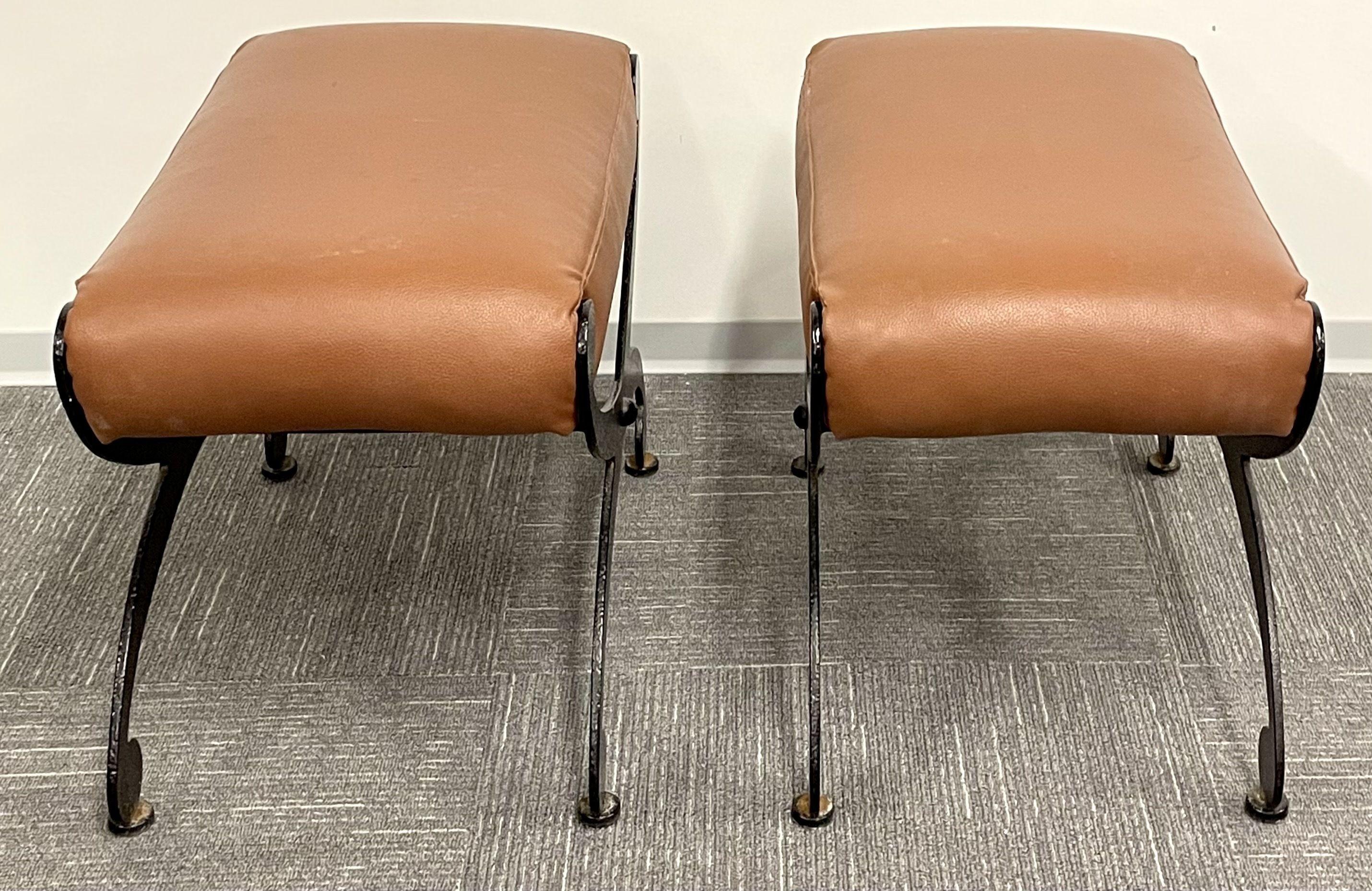 Pair of Metal x Form Benches, Footstools, Ottomans, Leather Seats, Rustic In Good Condition For Sale In Stamford, CT