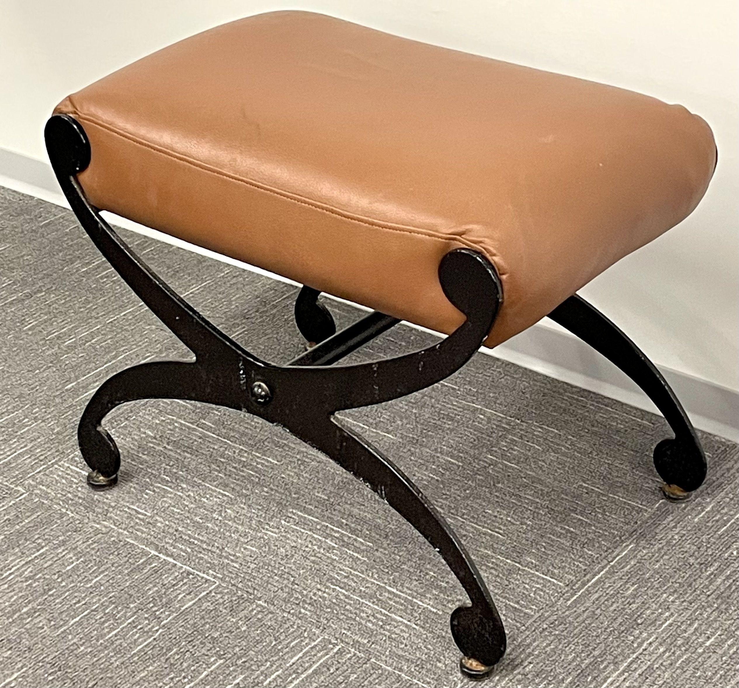 Mid-20th Century Pair of Metal x Form Benches, Footstools, Ottomans, Leather Seats, Rustic