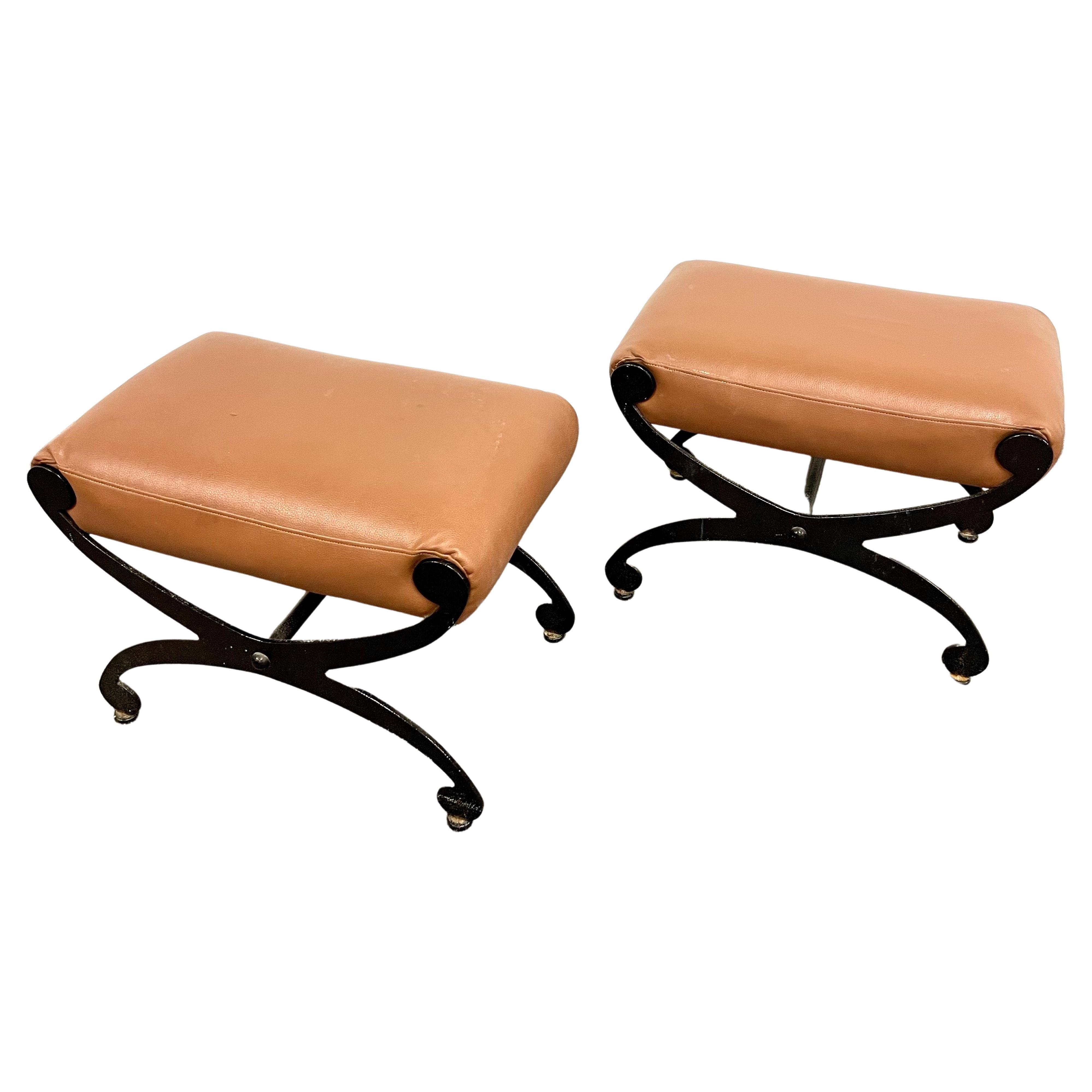 Pair of Metal x Form Benches, Footstools, Ottomans, Leather Seats, Rustic For Sale