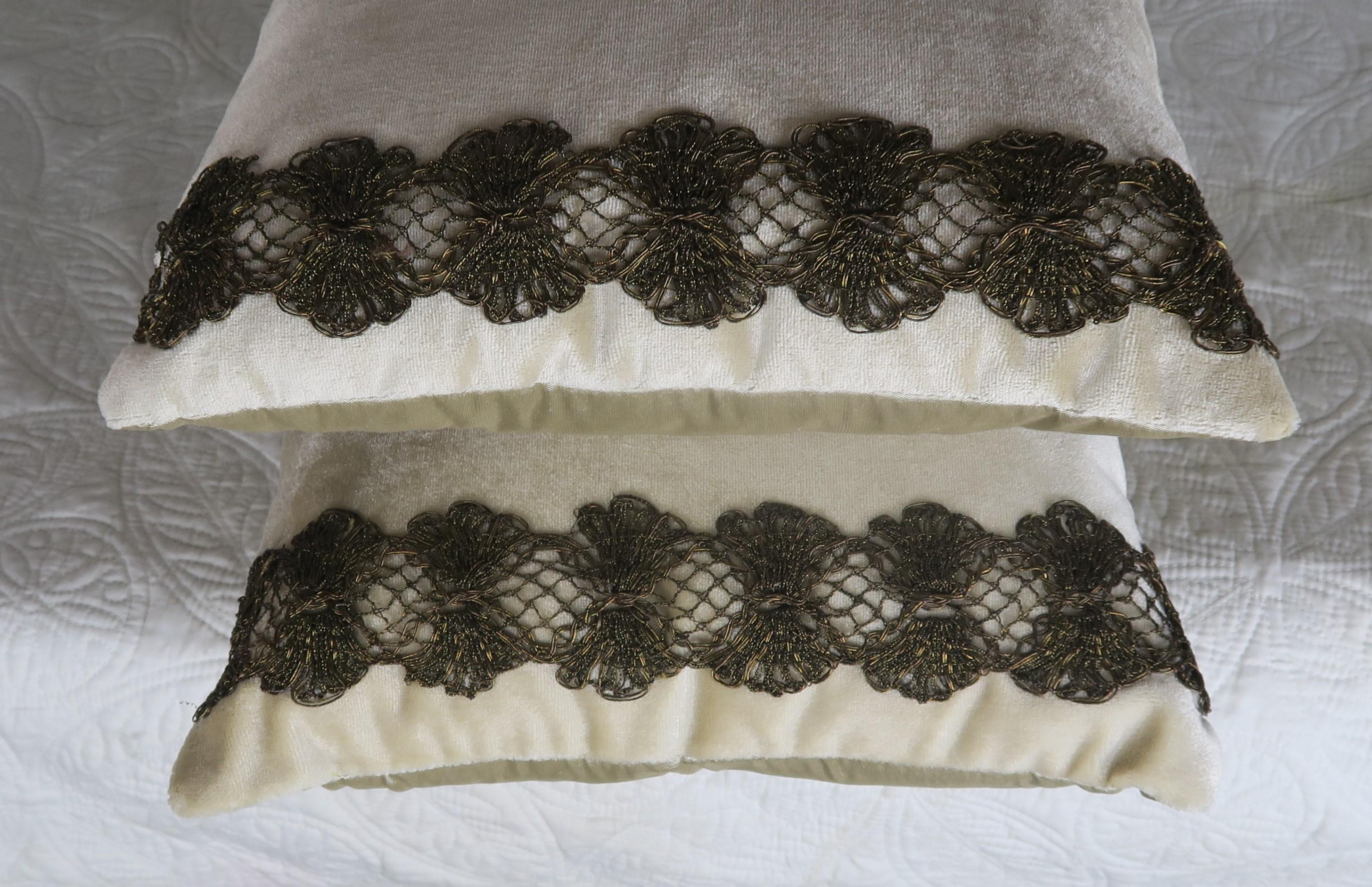 French Pair of Metallic Appliqued Velvet Pillows by Melissa Levinson