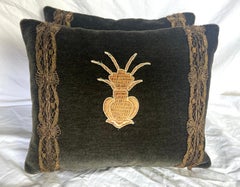 Pair of Baroque Velvet Pillows, Metallic Embroidery, Silk Backs, USA