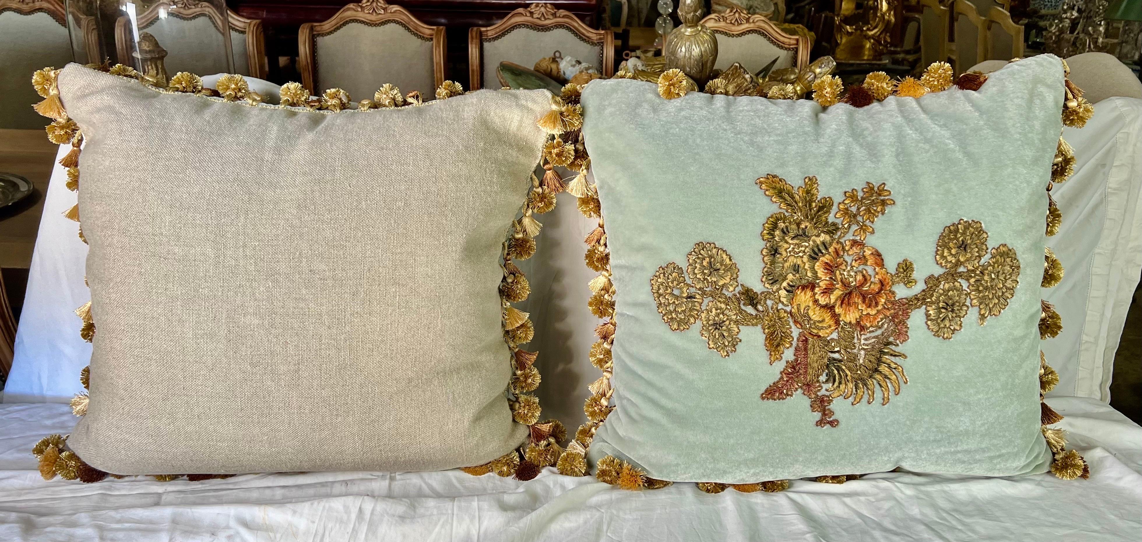 Pair of Metallic & Chenille Embroidered Mohair Pillows by Melissa Levinson For Sale 2