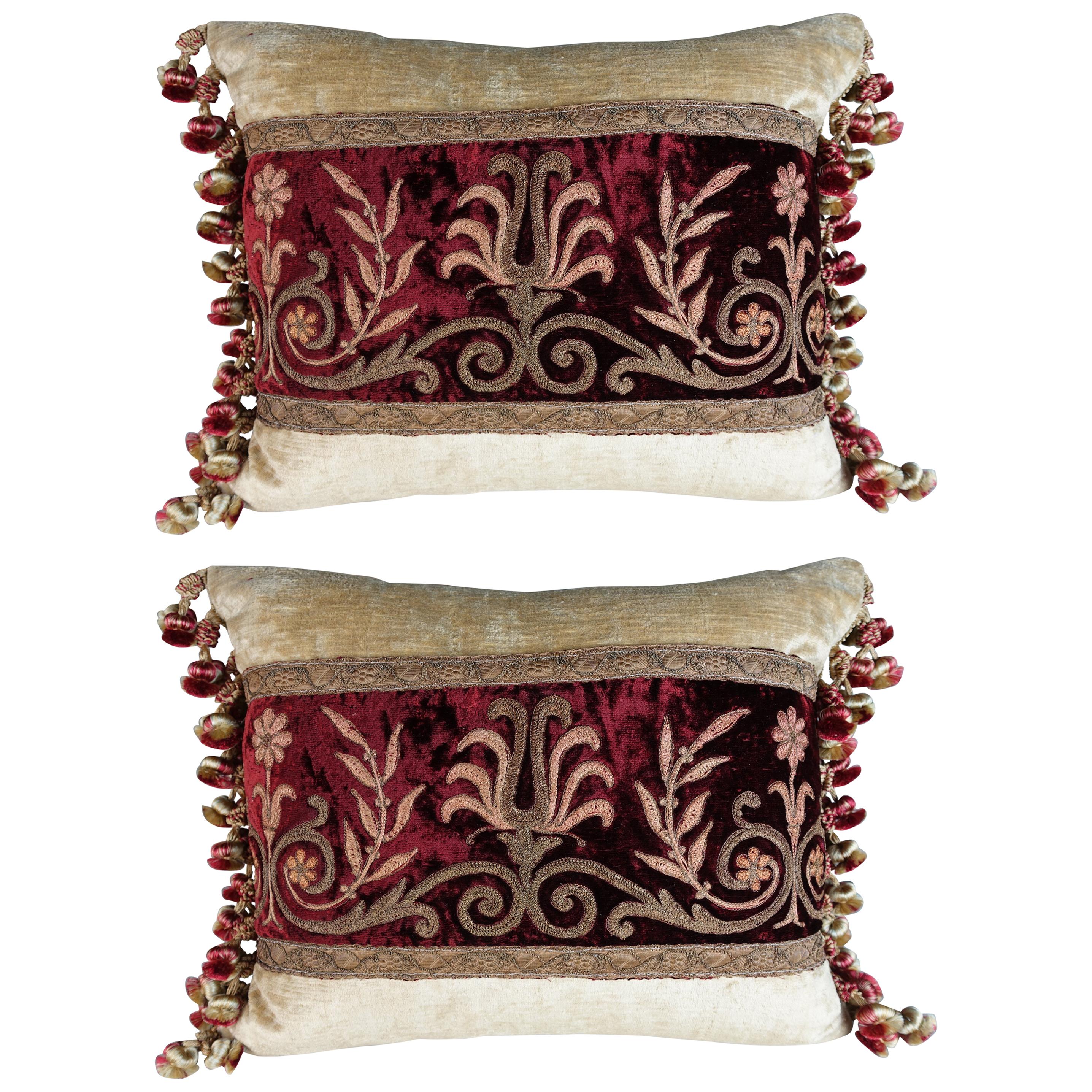 Pair of Metallic and Chenille Embroidered Silk Velvet Pillows at 1stdibs