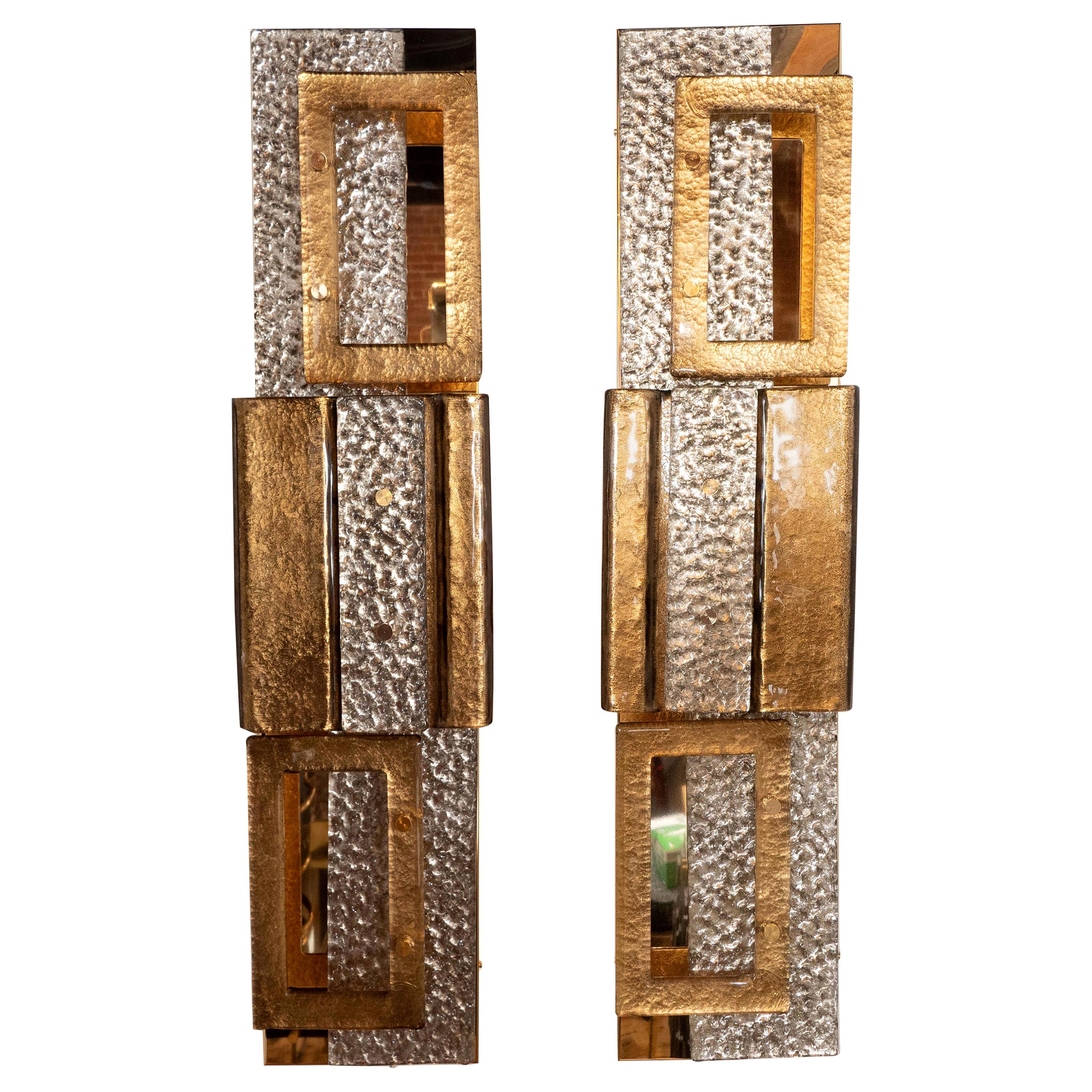 Pair of Metallic Gold and Bronze Murano Glass and Brass Sconces, Italy 6