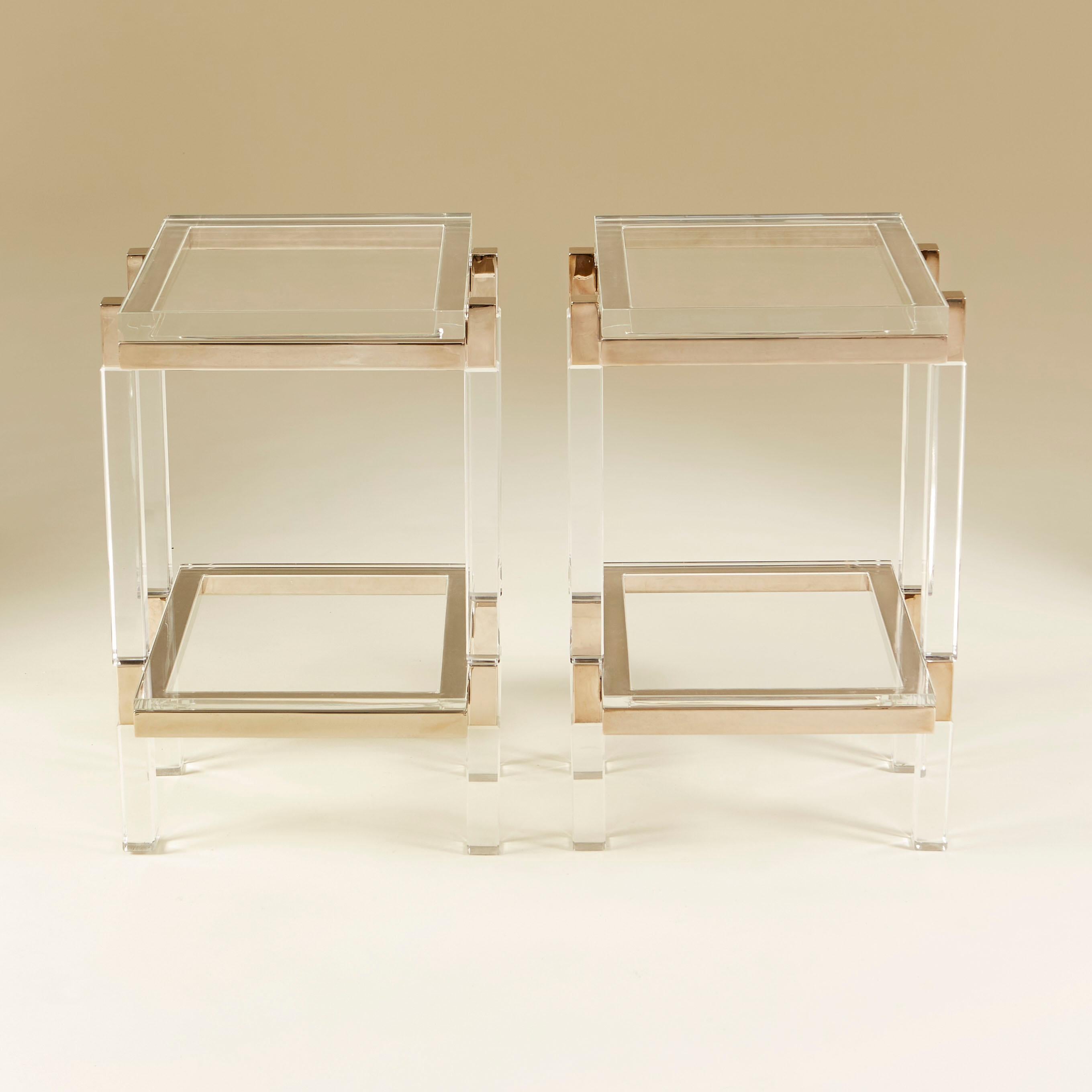 Pair of Metric polished nickel and Lucite side tables by Charles Hollis Jones For Sale 3