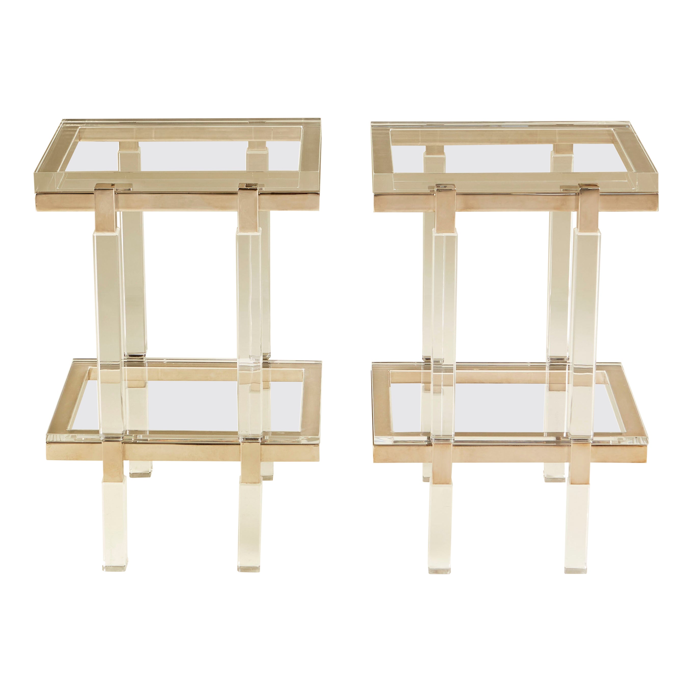 Pair of Metric polished nickel and Lucite side tables by Charles Hollis Jones
