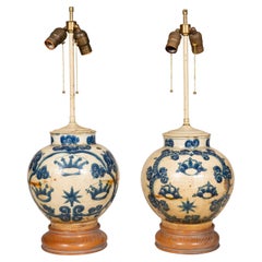 Pair of Mexican Blue and White Pottery Table Lamps