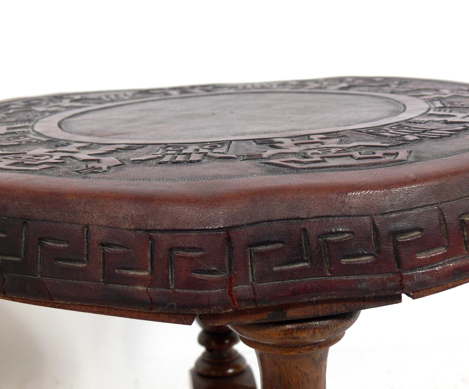 Spanish Pair of Mexican Embossed Leather End Tables or Stools