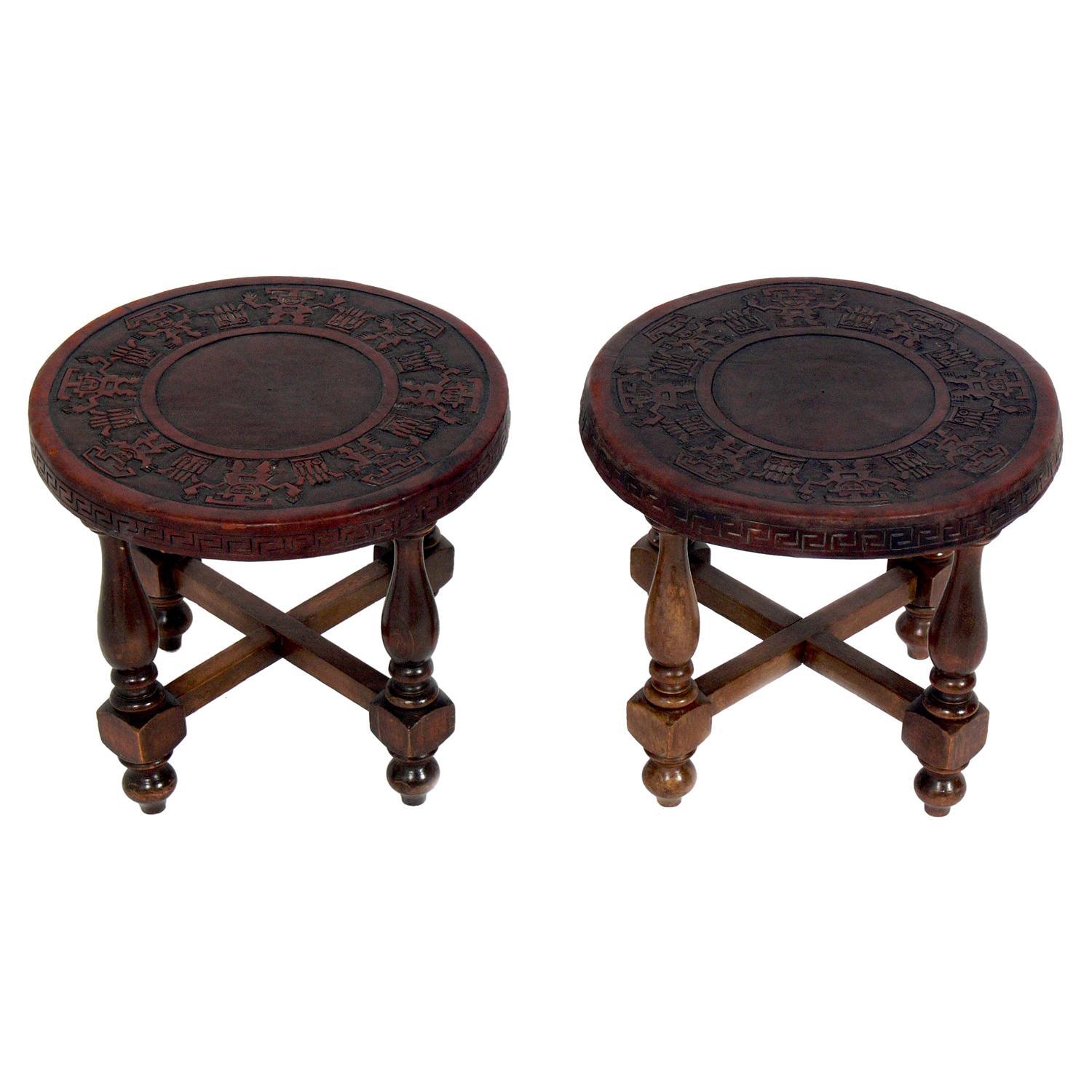 Pair of Mexican Embossed Leather End Tables or Stools