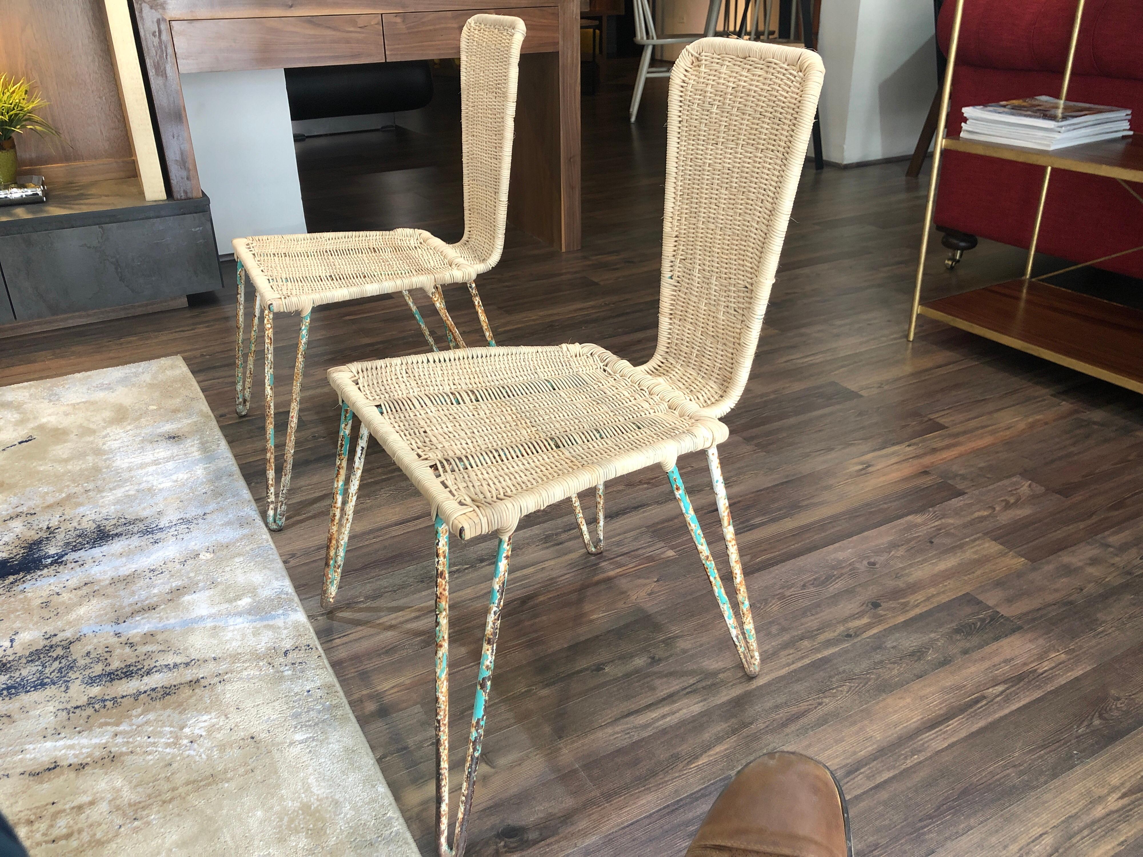 Mid-Century Modern Pair of Mexican Iron and Caned Chairs