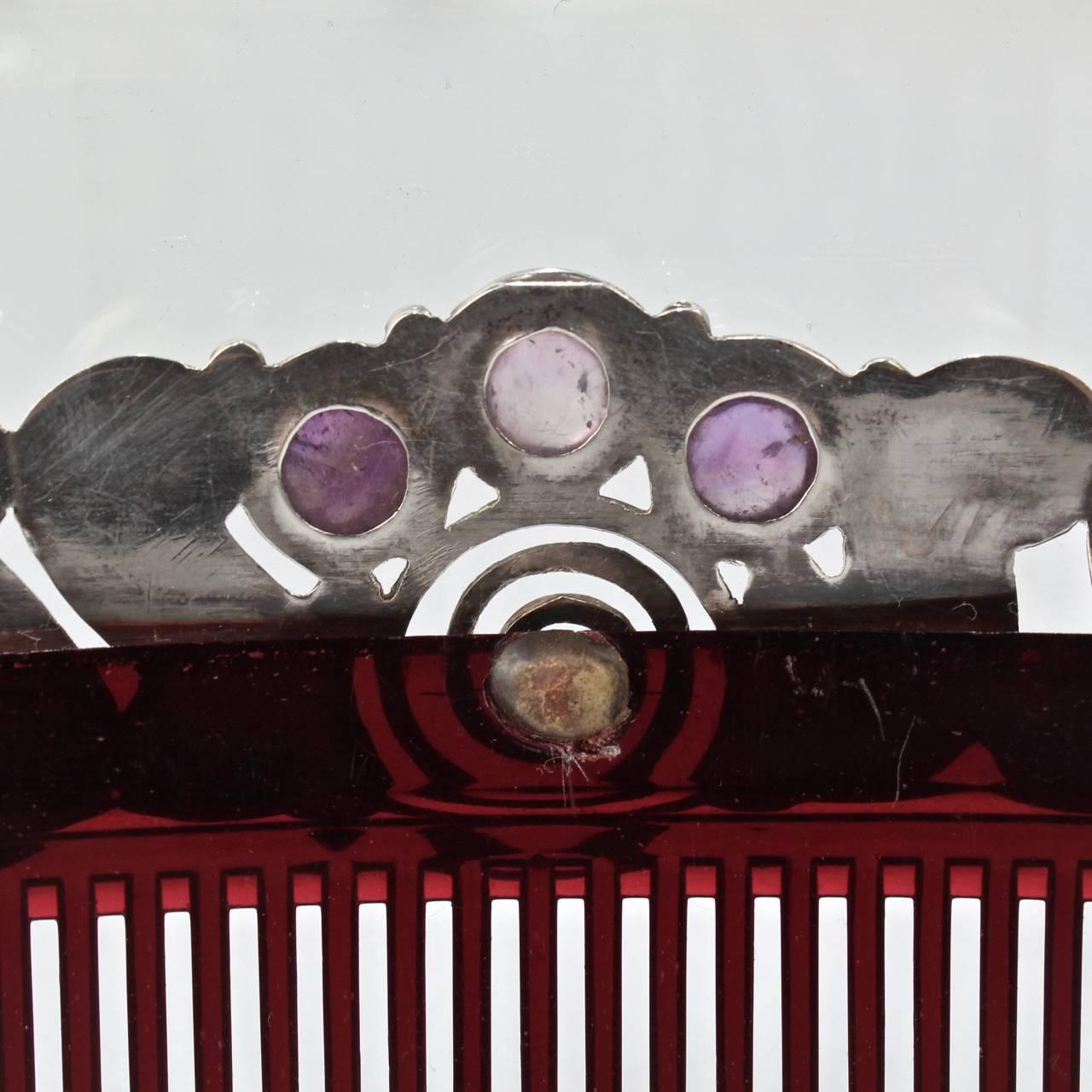 Pair of Mexican Mid-Century Modern Sterling Silver and Amethyst Hair Combs 5