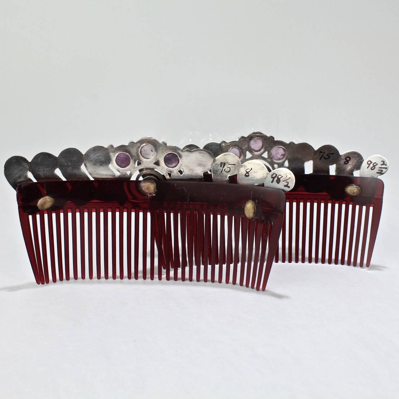 Women's or Men's Pair of Mexican Mid-Century Modern Sterling Silver and Amethyst Hair Combs