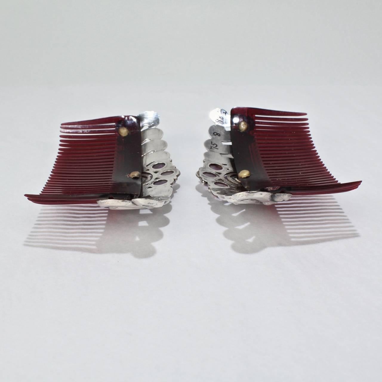 Pair of Mexican Mid-Century Modern Sterling Silver and Amethyst Hair Combs 2