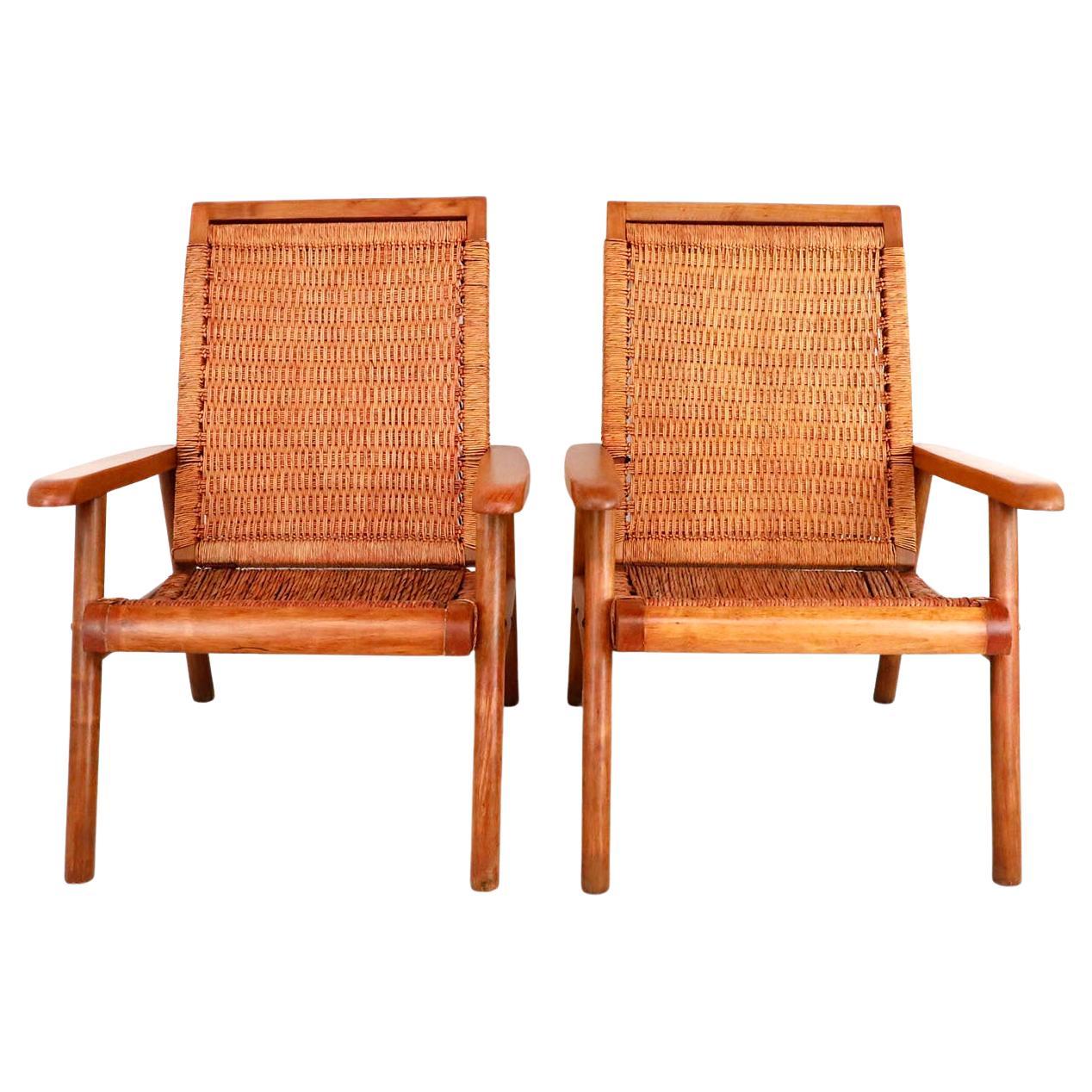 Pair of Mexican Mid-Century Modern Woven Lounge Chairs For Sale