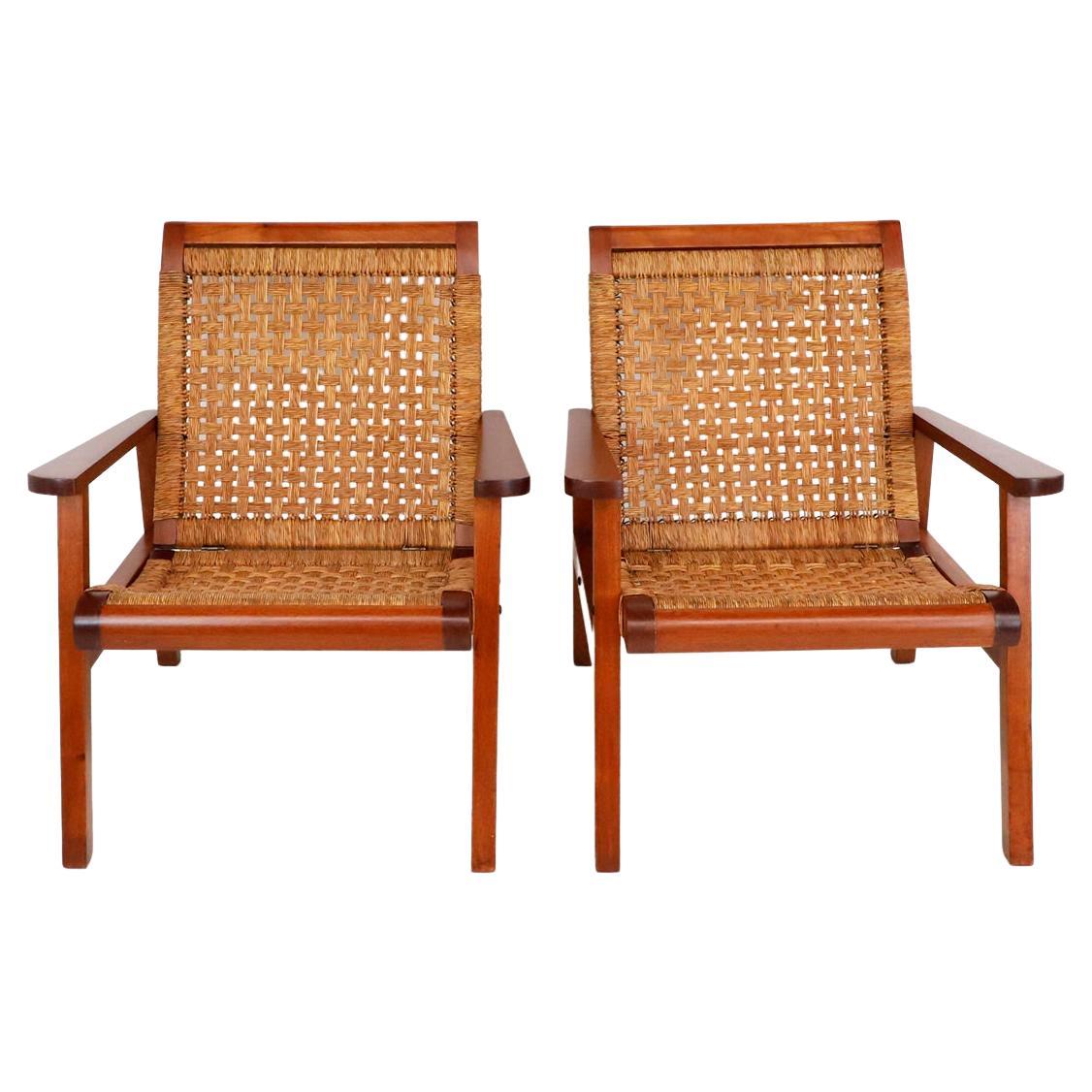 Pair of Mexican Mid-Century Modern Woven Lounge Chairs For Sale